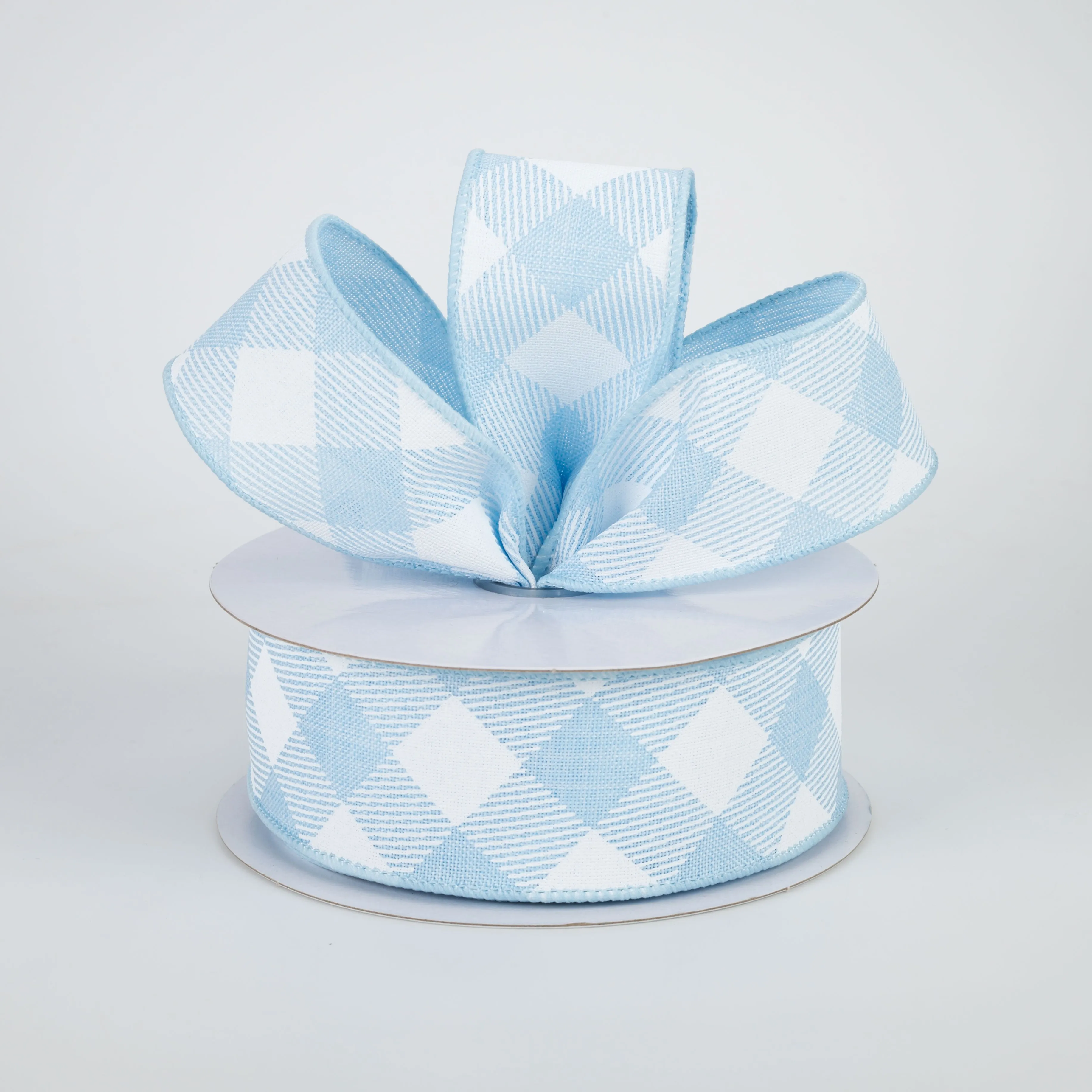1.5" Diagonal Check Ribbon: Pale Blue & White (10 Yards)