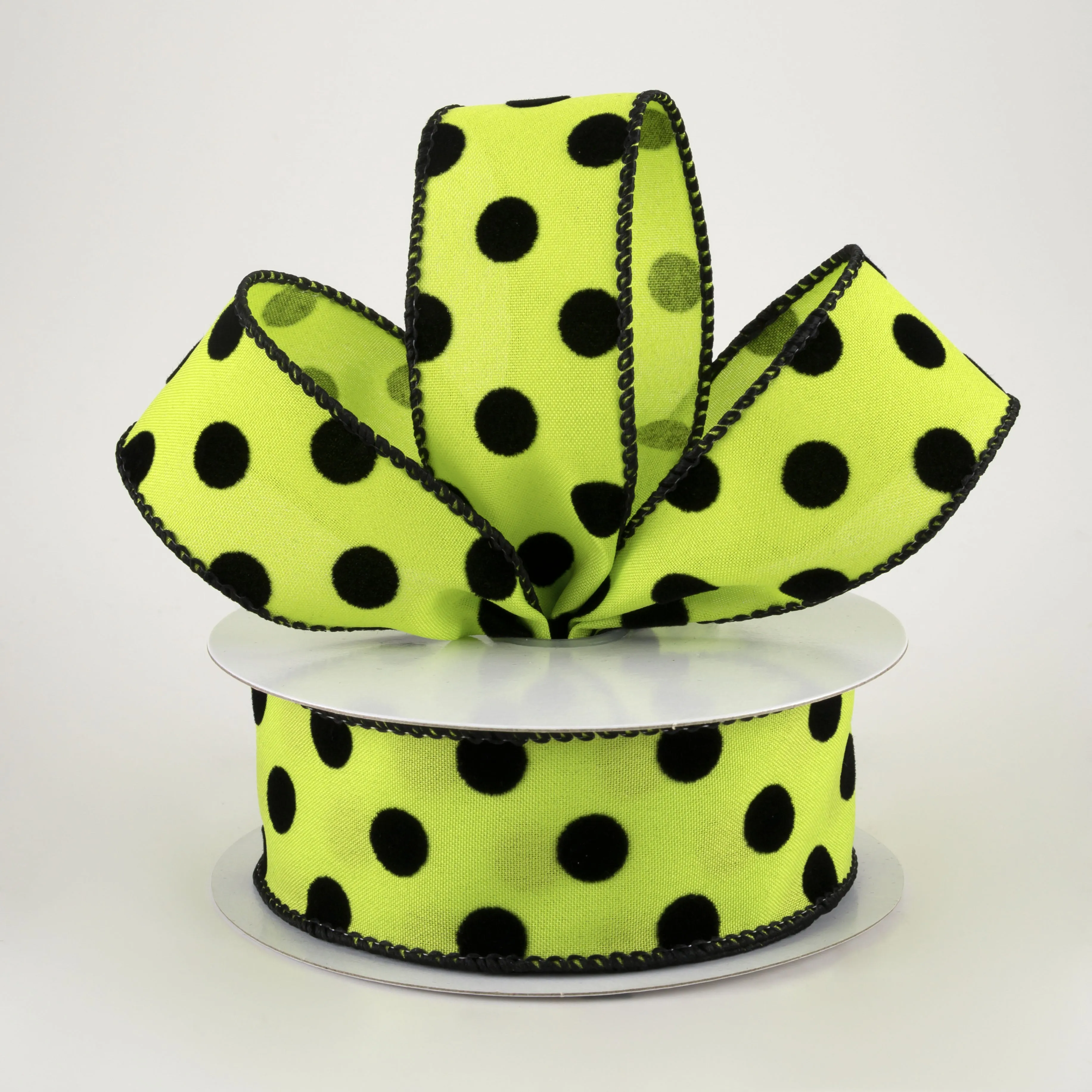 1.5" Flocked Dots Ribbon: Lime & Black (10 Yards)