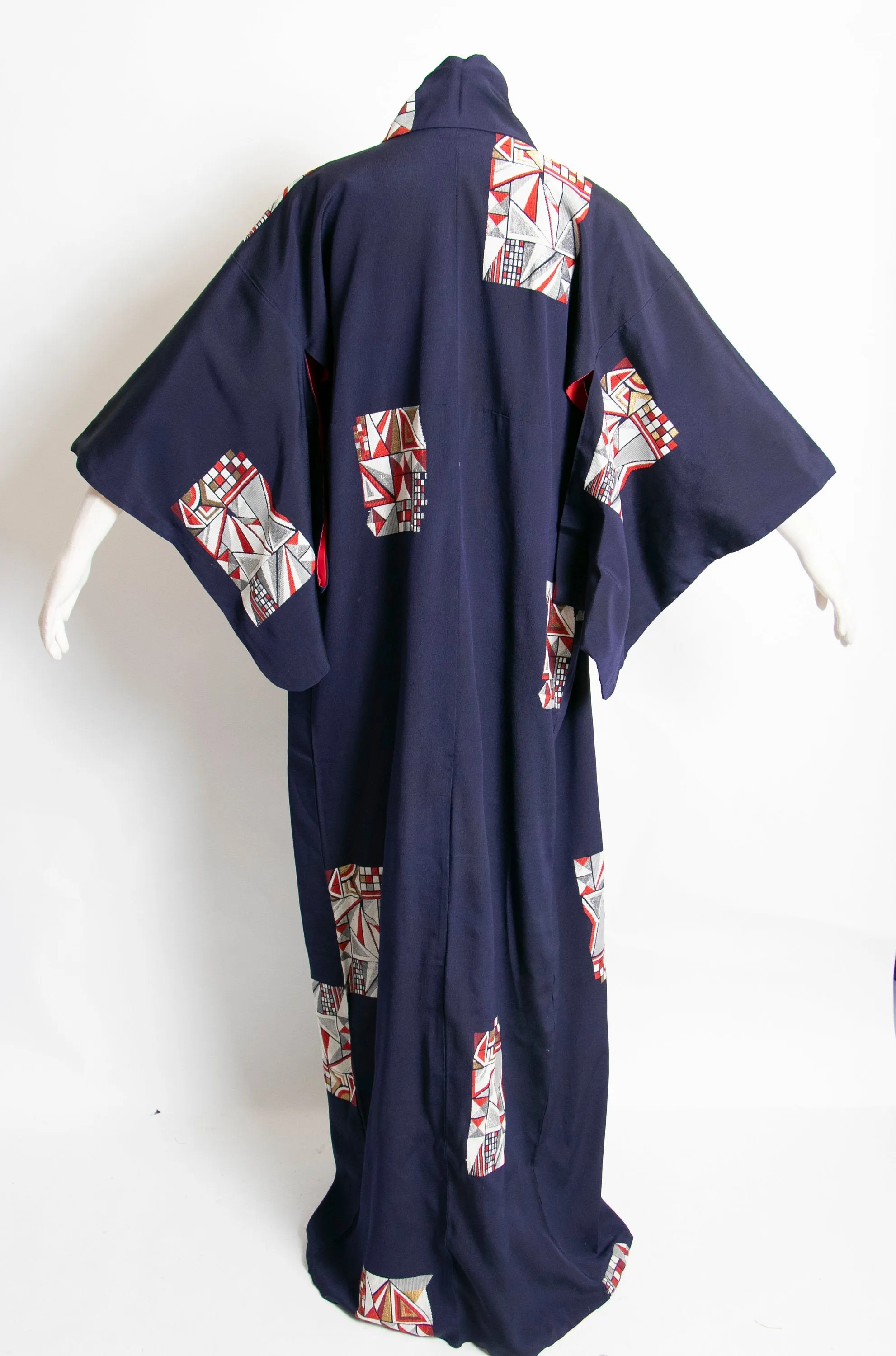 1970s Kimono Japanese Robe Embroidered Blue Rayon 60s