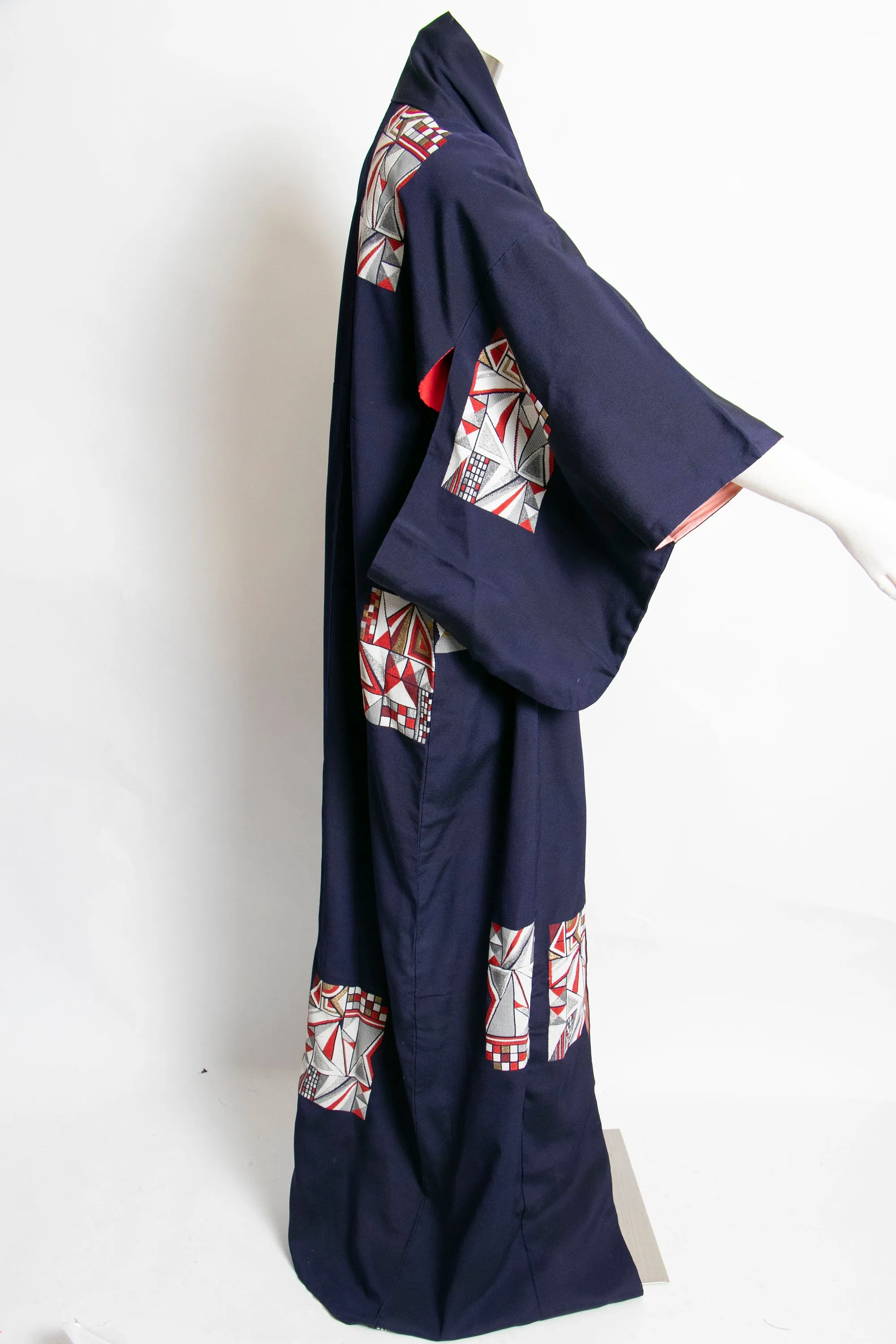 1970s Kimono Japanese Robe Embroidered Blue Rayon 60s