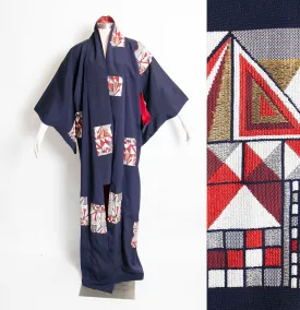1970s Kimono Japanese Robe Embroidered Blue Rayon 60s