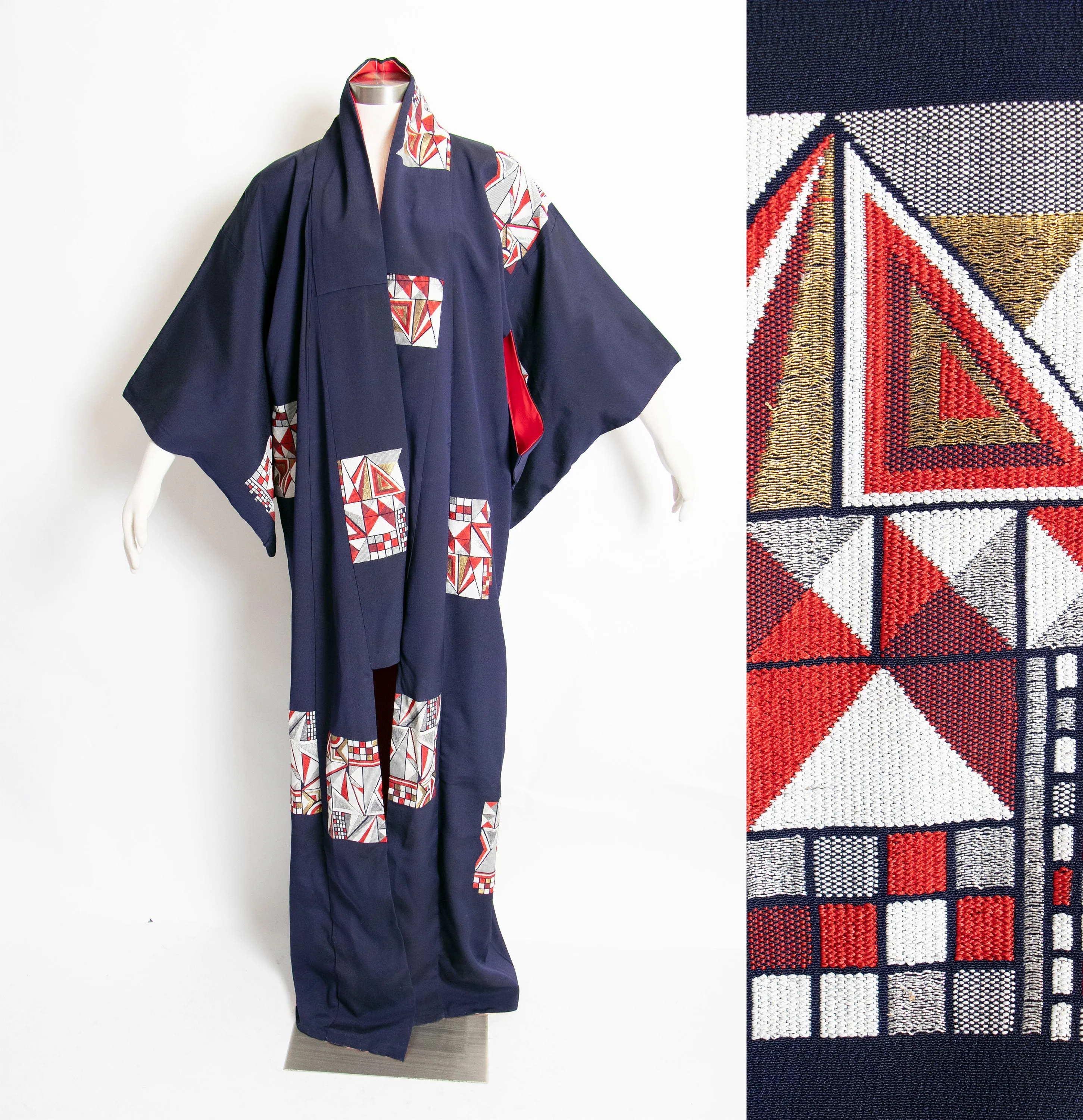 1970s Kimono Japanese Robe Embroidered Blue Rayon 60s