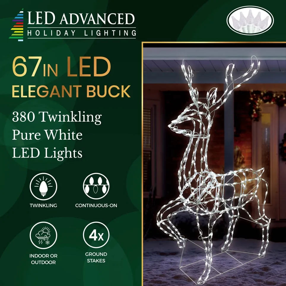 2-Piece Pure White Twinkling LED Sleigh and Elegant Buck Wire Sculpture Set
