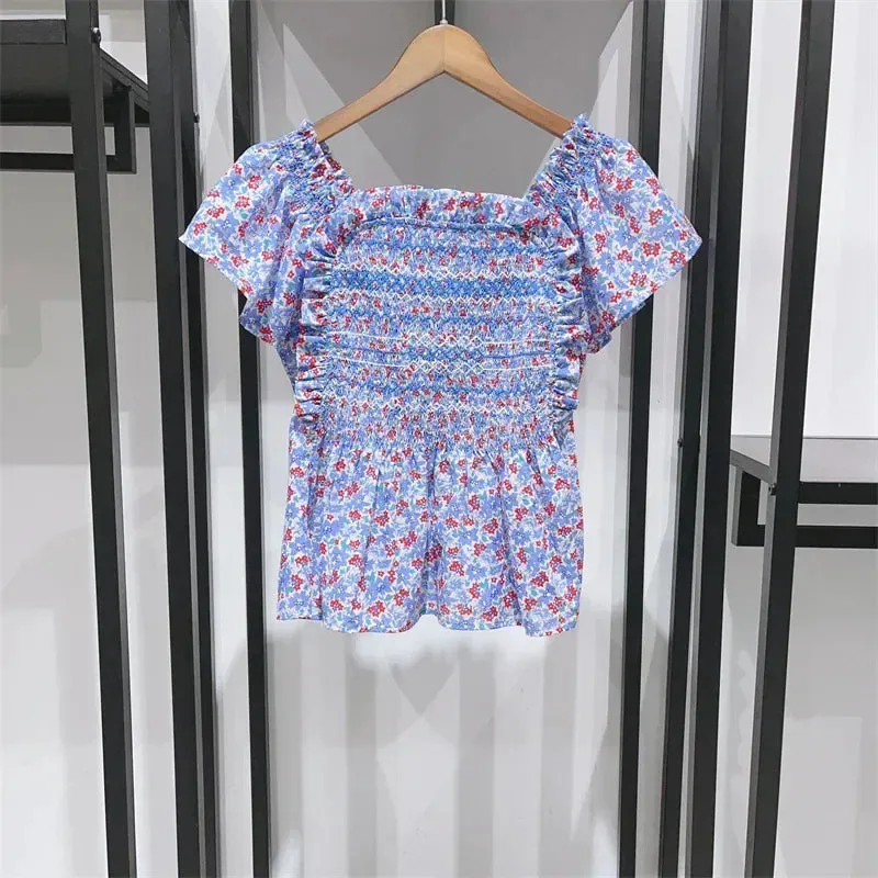 2024 Summer Retro Floral Square Neck Puff Sleeve Top, Skirt, and Dress for Women