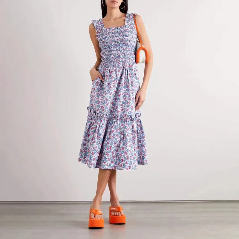 2024 Summer Retro Floral Square Neck Puff Sleeve Top, Skirt, and Dress for Women