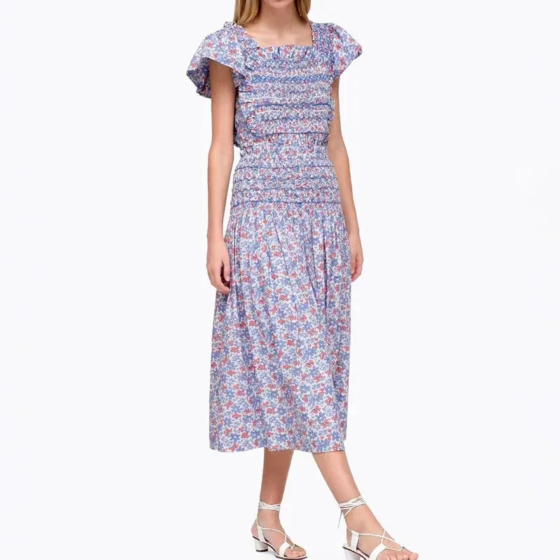 2024 Summer Retro Floral Square Neck Puff Sleeve Top, Skirt, and Dress for Women