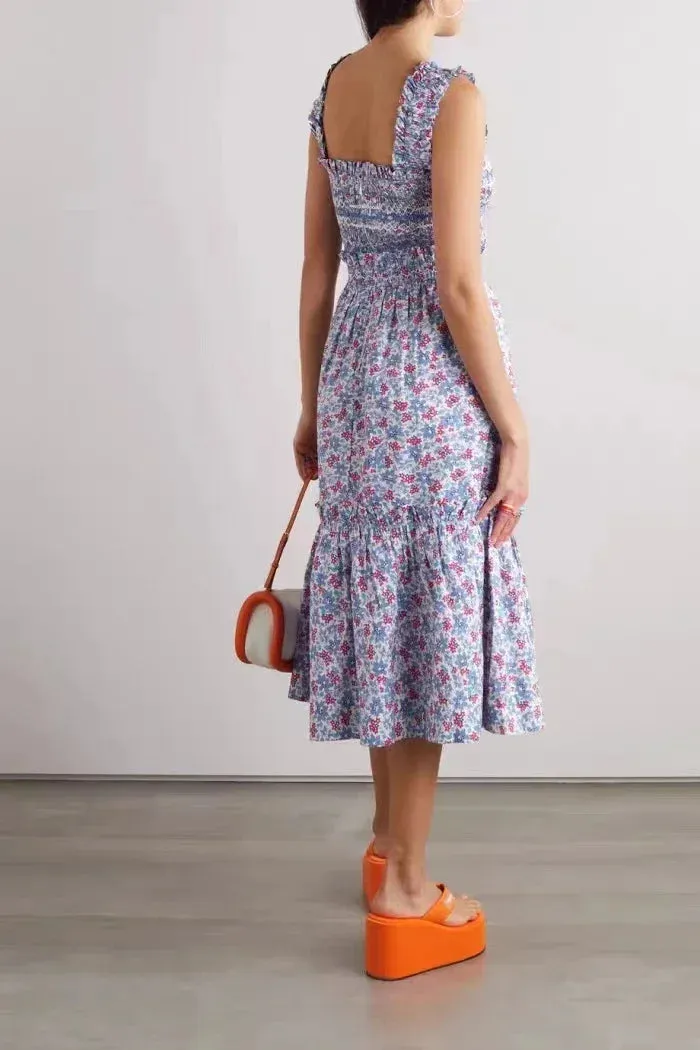 2024 Summer Retro Floral Square Neck Puff Sleeve Top, Skirt, and Dress for Women