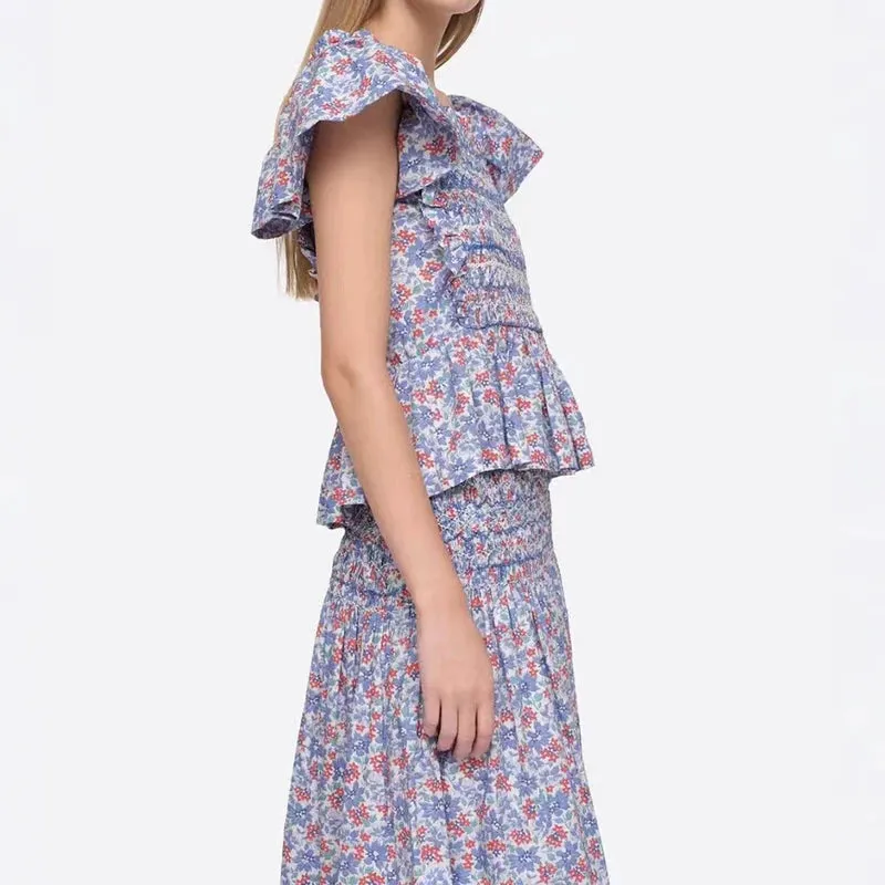 2024 Summer Retro Floral Square Neck Puff Sleeve Top, Skirt, and Dress for Women