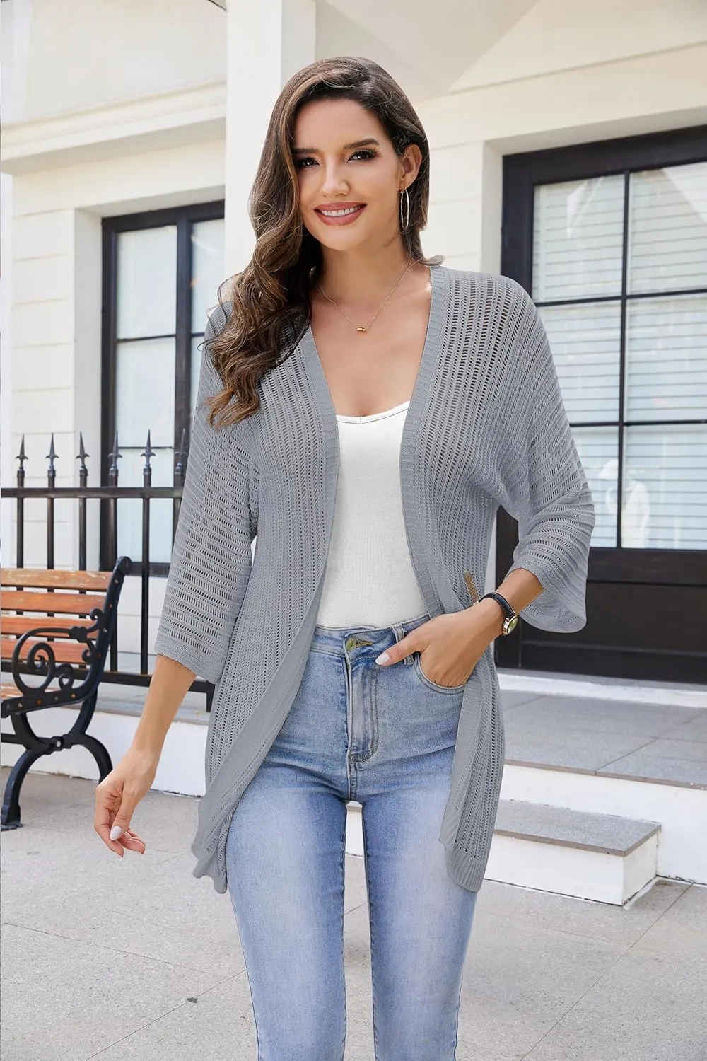 2025 Summer Women's Lightweight 3/4 Sleeve Crochet Cardigan Sweater Open Front Boho Beach Vacation Swimwear Outwear