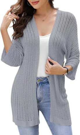 2025 Summer Women's Lightweight 3/4 Sleeve Crochet Cardigan Sweater Open Front Boho Beach Vacation Swimwear Outwear