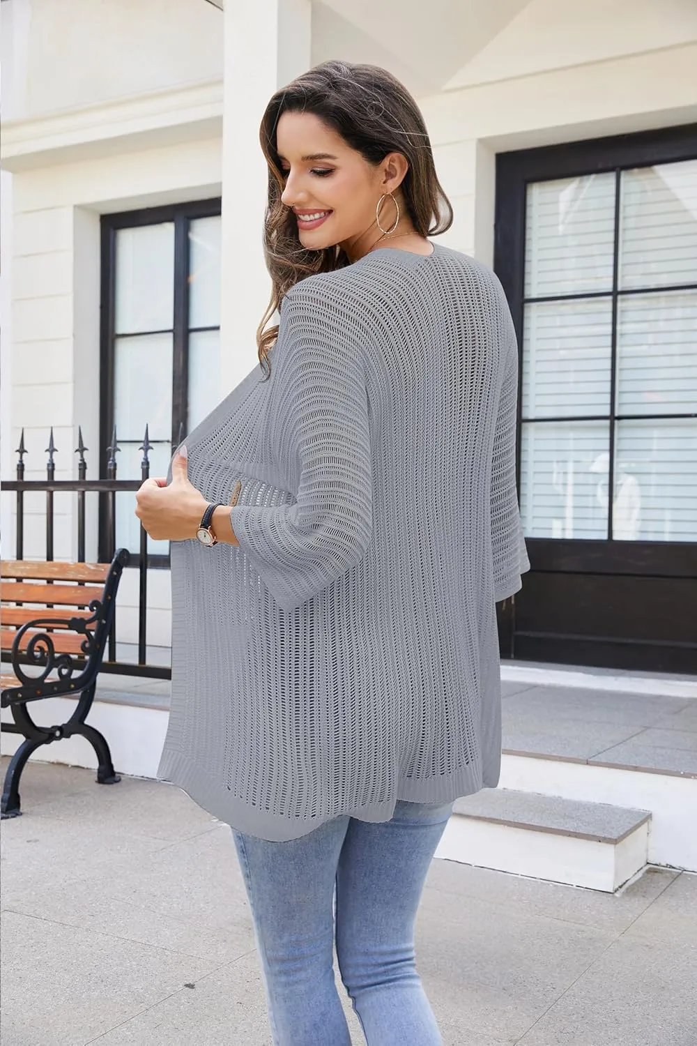2025 Summer Women's Lightweight 3/4 Sleeve Crochet Cardigan Sweater Open Front Boho Beach Vacation Swimwear Outwear