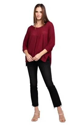 3/4 Sleeve V-Neck Hi-Low Hem Jacquard Sweater