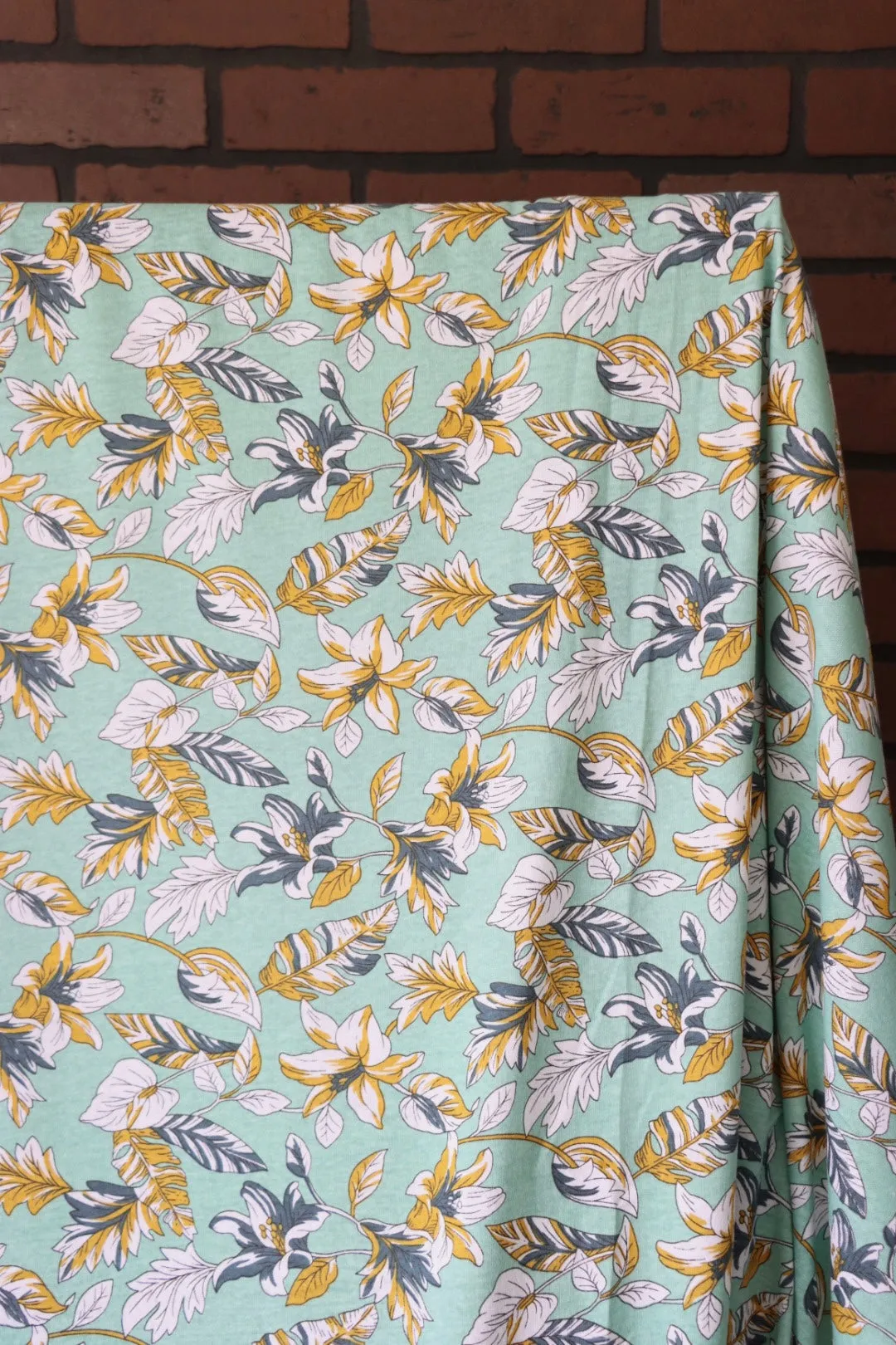 34IN REMNANT; Flora & Fauna on Mint 100% Cotton Jersey