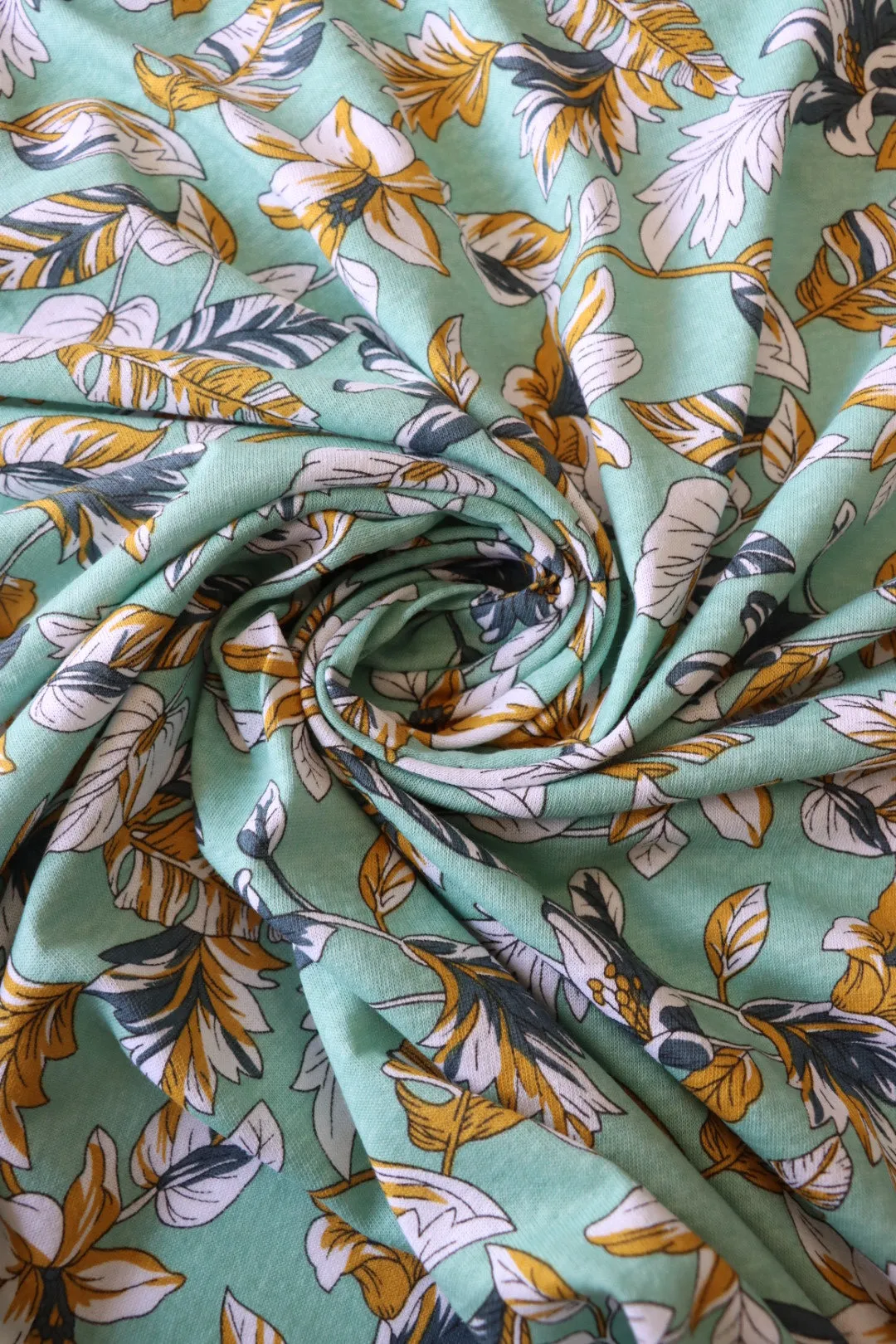 34IN REMNANT; Flora & Fauna on Mint 100% Cotton Jersey
