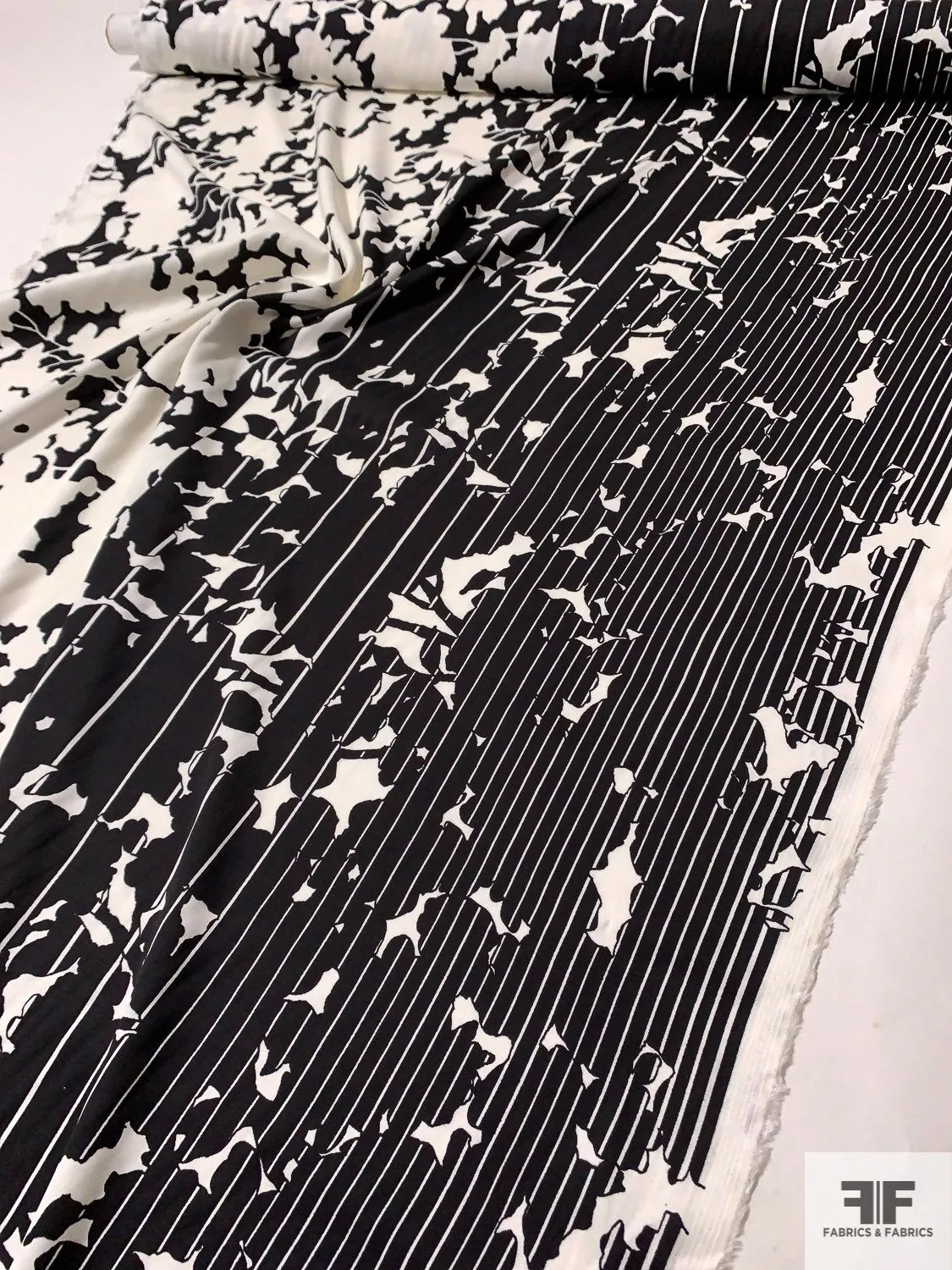 Abstract Double Border Pattern Stretch Cotton-Rayon Poplin - Black / White