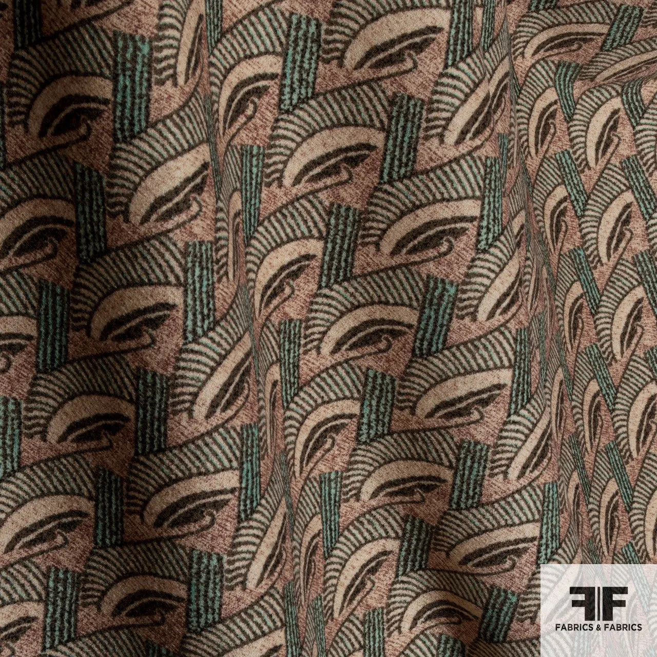 Abstract Geometric Wool Crepe - Green/Maroon/Cream