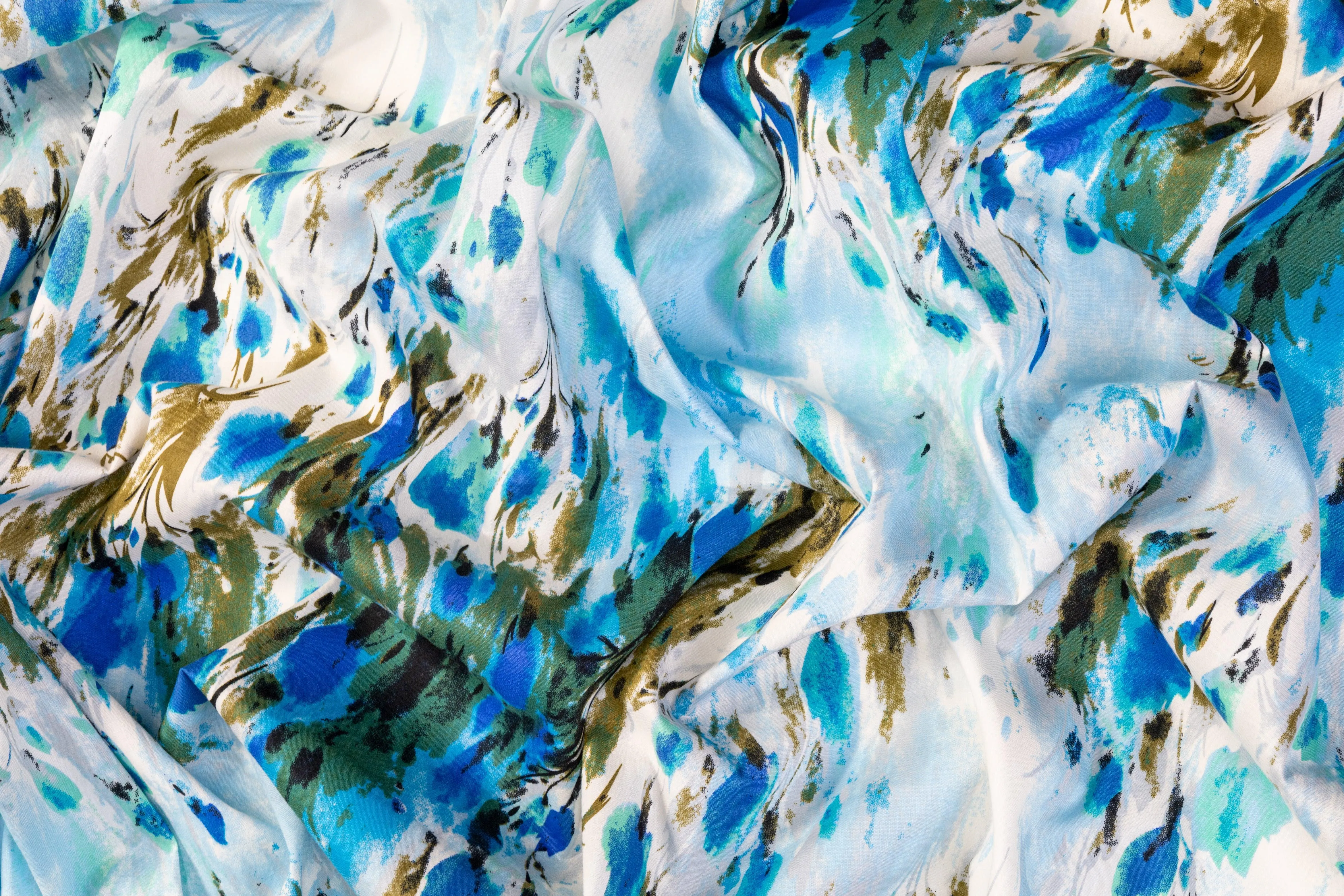 Abstract Watercolor Printed Cotton - Blue, Green, White