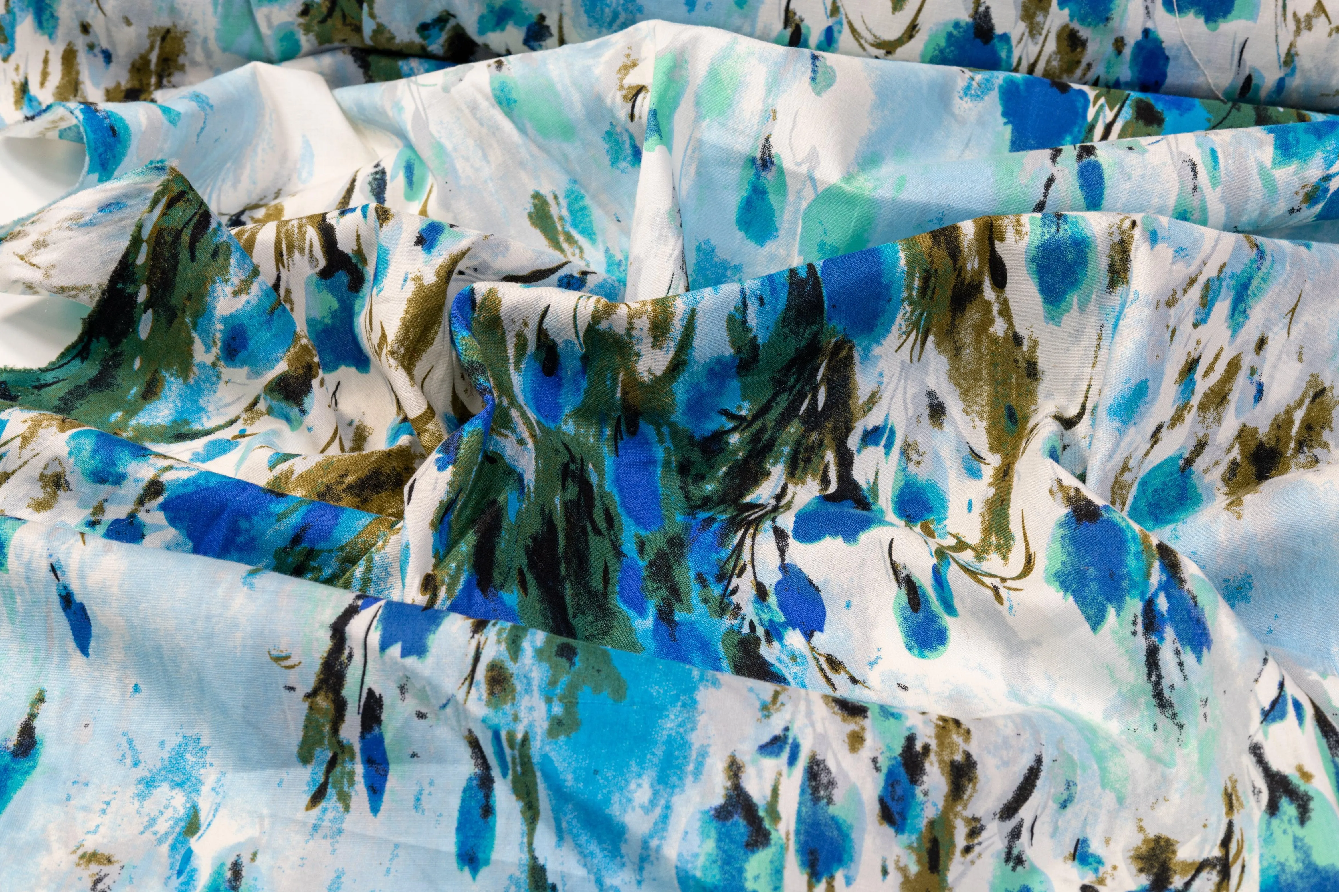 Abstract Watercolor Printed Cotton - Blue, Green, White
