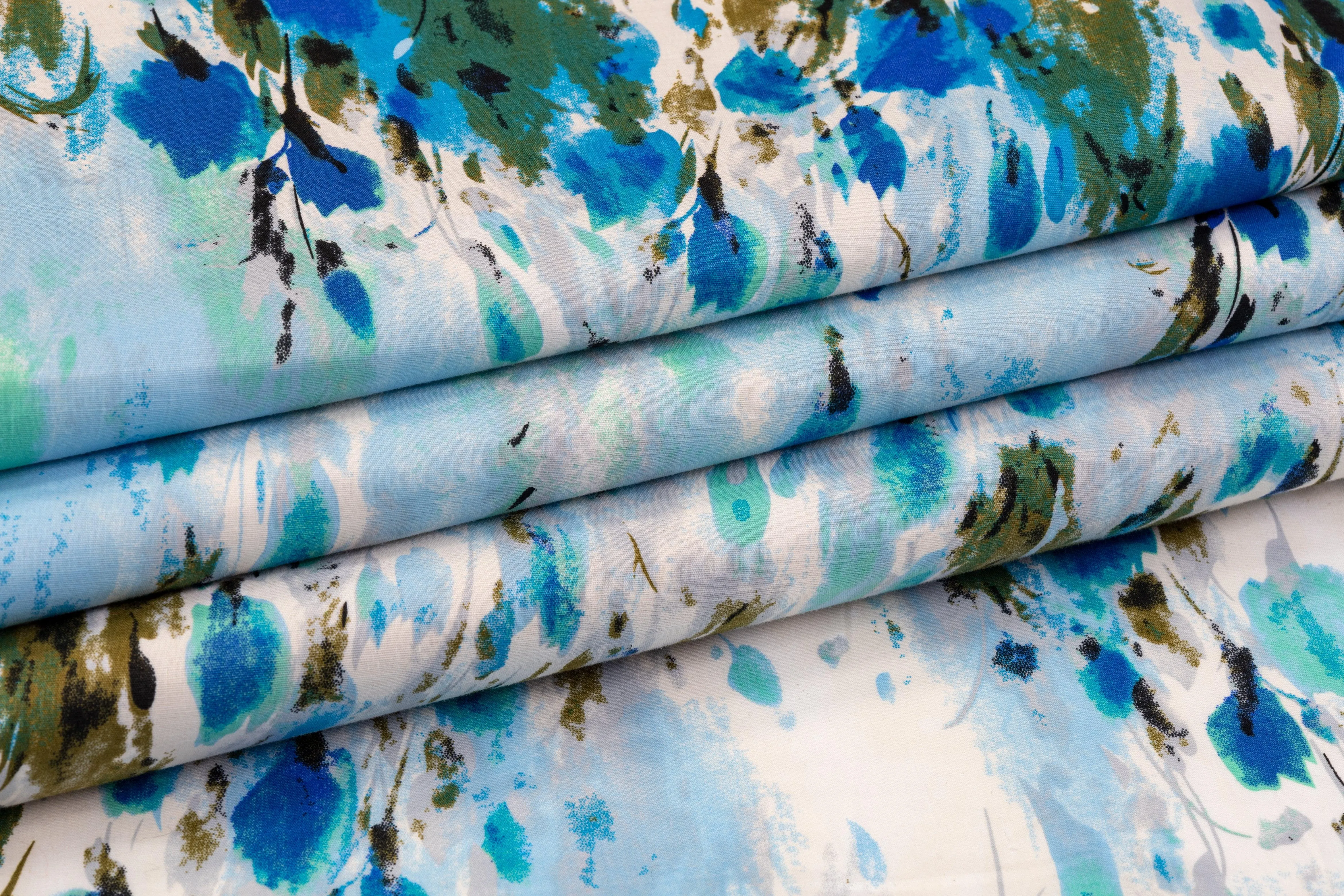 Abstract Watercolor Printed Cotton - Blue, Green, White