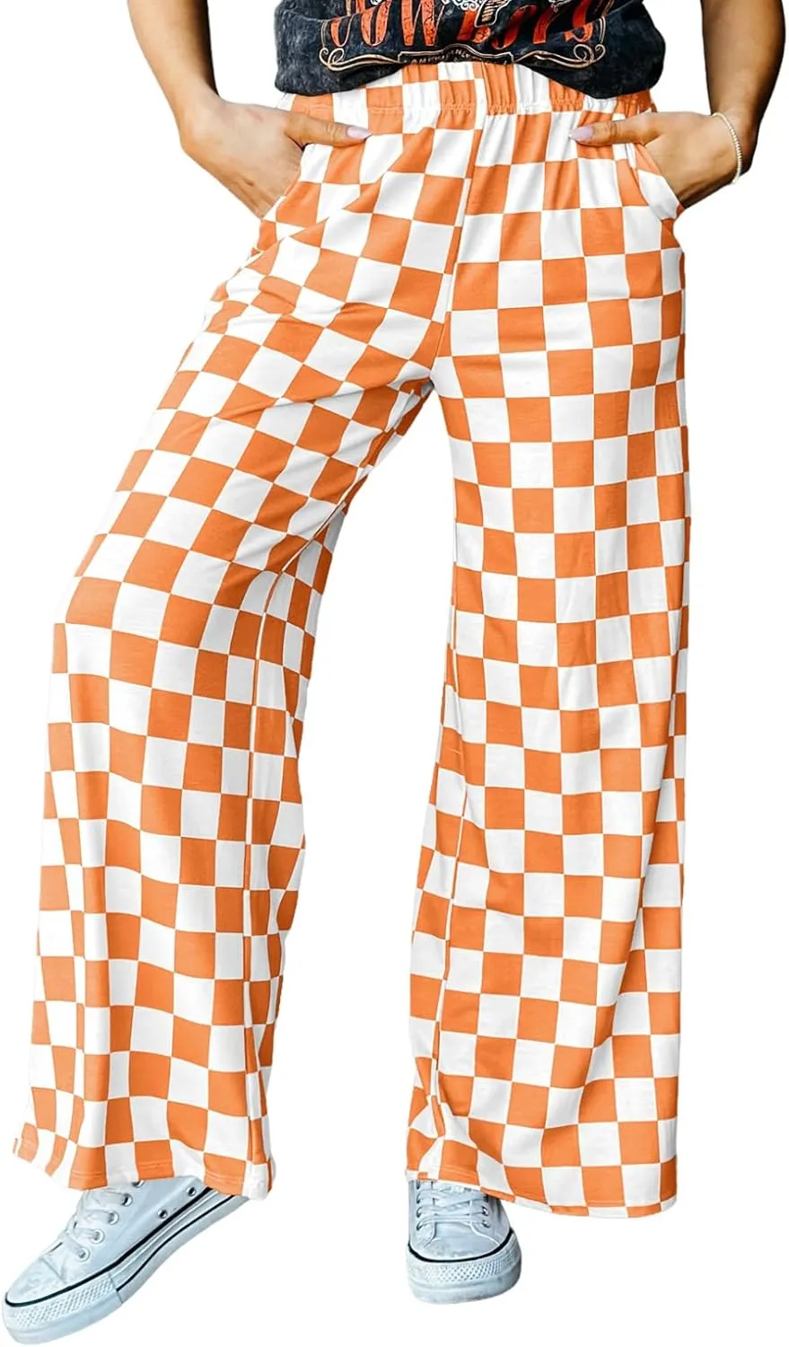 Acelitt Womens Casual Checkered Pants Elastic Waist Comfy Loose Wide Leg Pants with Pockets