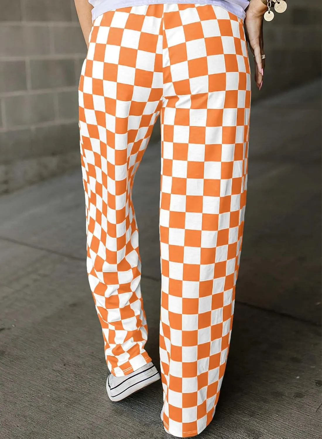 Acelitt Womens Casual Checkered Pants Elastic Waist Comfy Loose Wide Leg Pants with Pockets