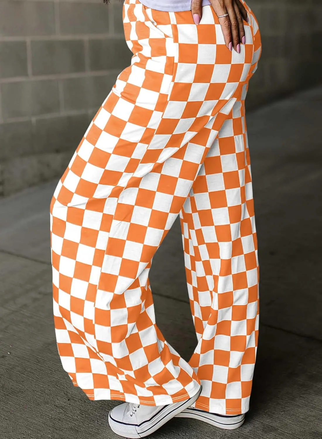 Acelitt Womens Casual Checkered Pants Elastic Waist Comfy Loose Wide Leg Pants with Pockets