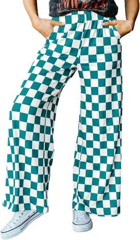 Acelitt Womens Casual Checkered Pants Elastic Waist Comfy Loose Wide Leg Pants with Pockets