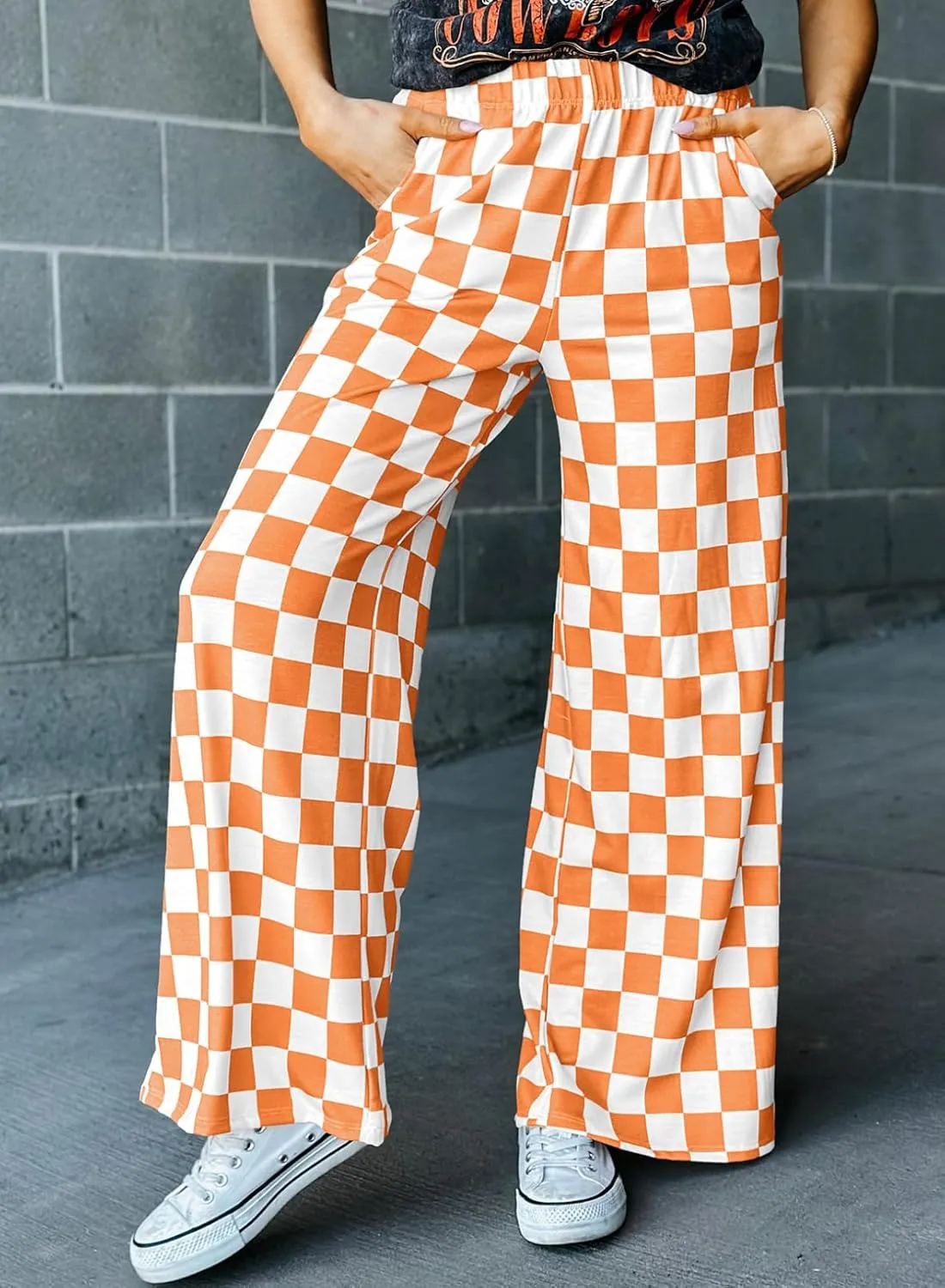 Acelitt Womens Casual Checkered Pants Elastic Waist Comfy Loose Wide Leg Pants with Pockets