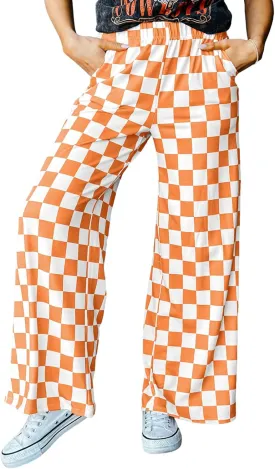 Acelitt Womens Casual Checkered Pants Elastic Waist Comfy Loose Wide Leg Pants with Pockets