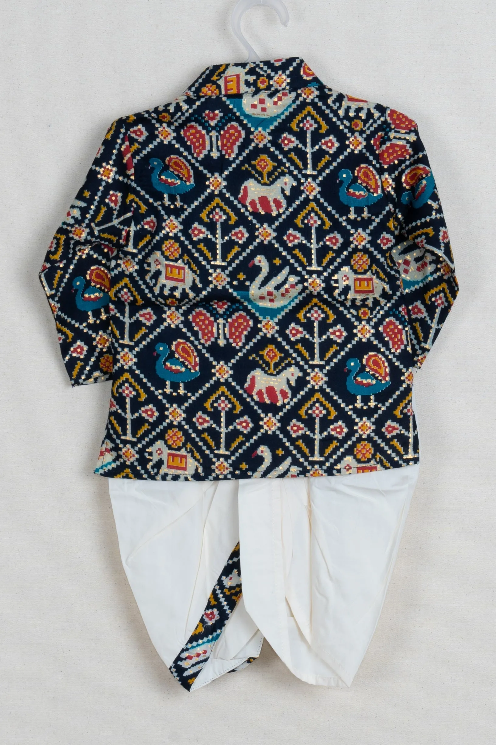 Navy-Blue Boys Cotton Kurta with Adorable Animal Print and Beige Panchakacham