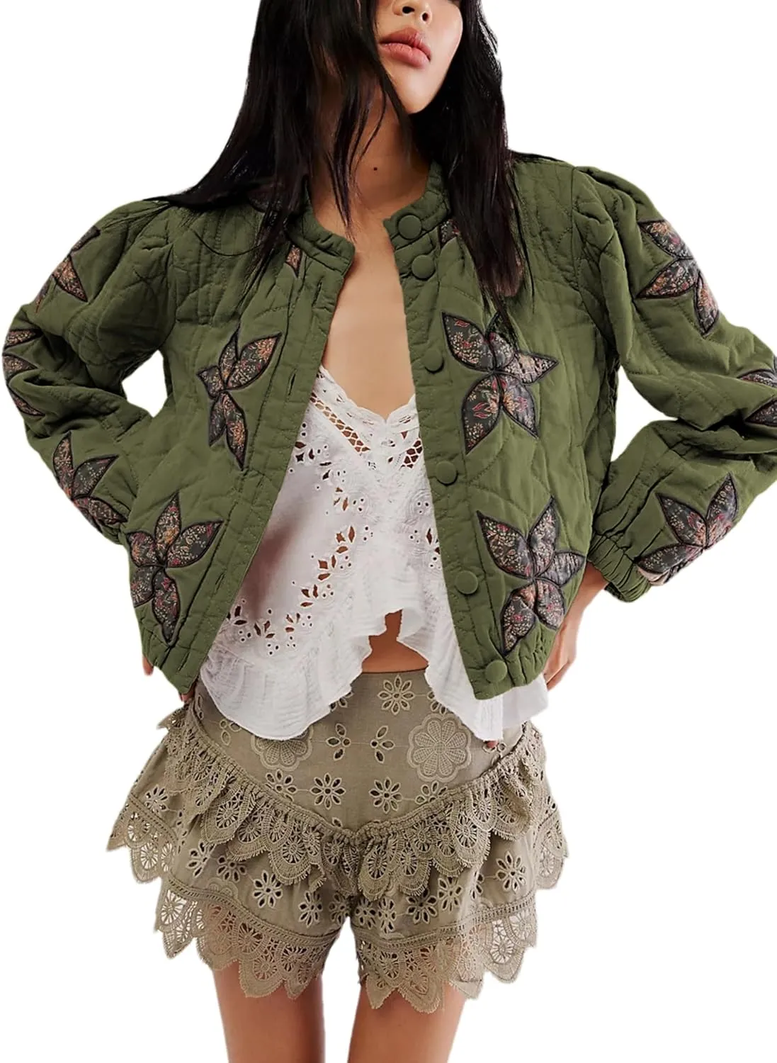 Aimiray Women's Cropped Floral Quilted Puffer Jackets 3D Printed Lightweight Button Padded Coats with Pockets