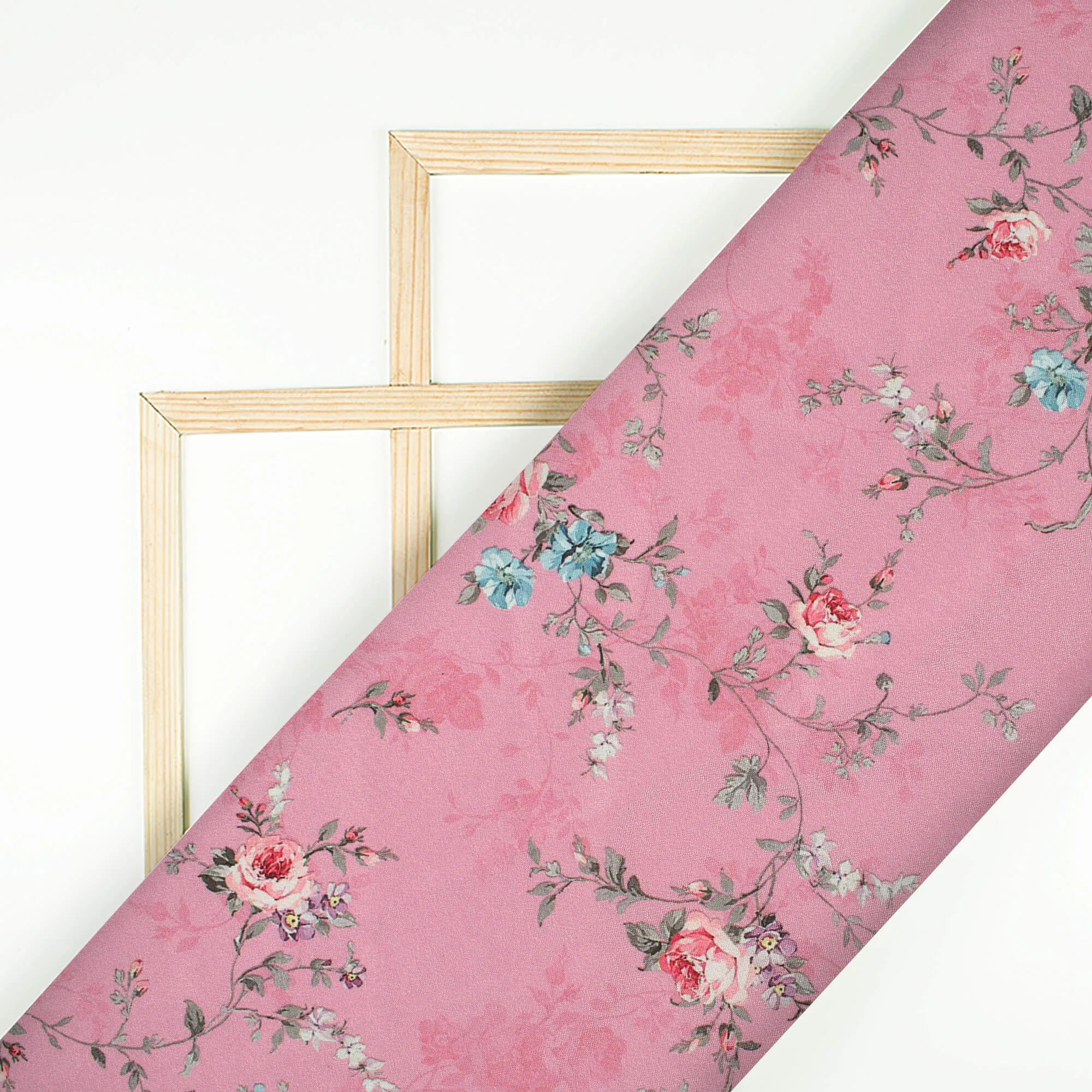 Amaranth Pink And Blue Floral Pattern Digital Print Crepe Silk Fabric