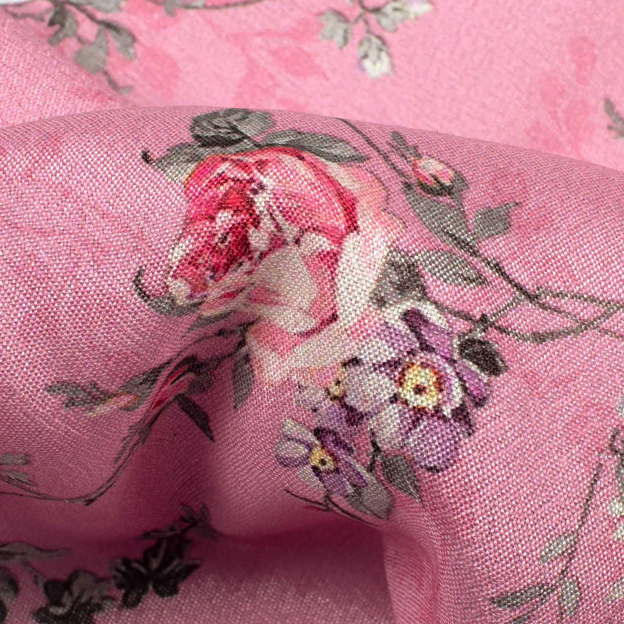 Amaranth Pink And Blue Floral Pattern Digital Print Crepe Silk Fabric