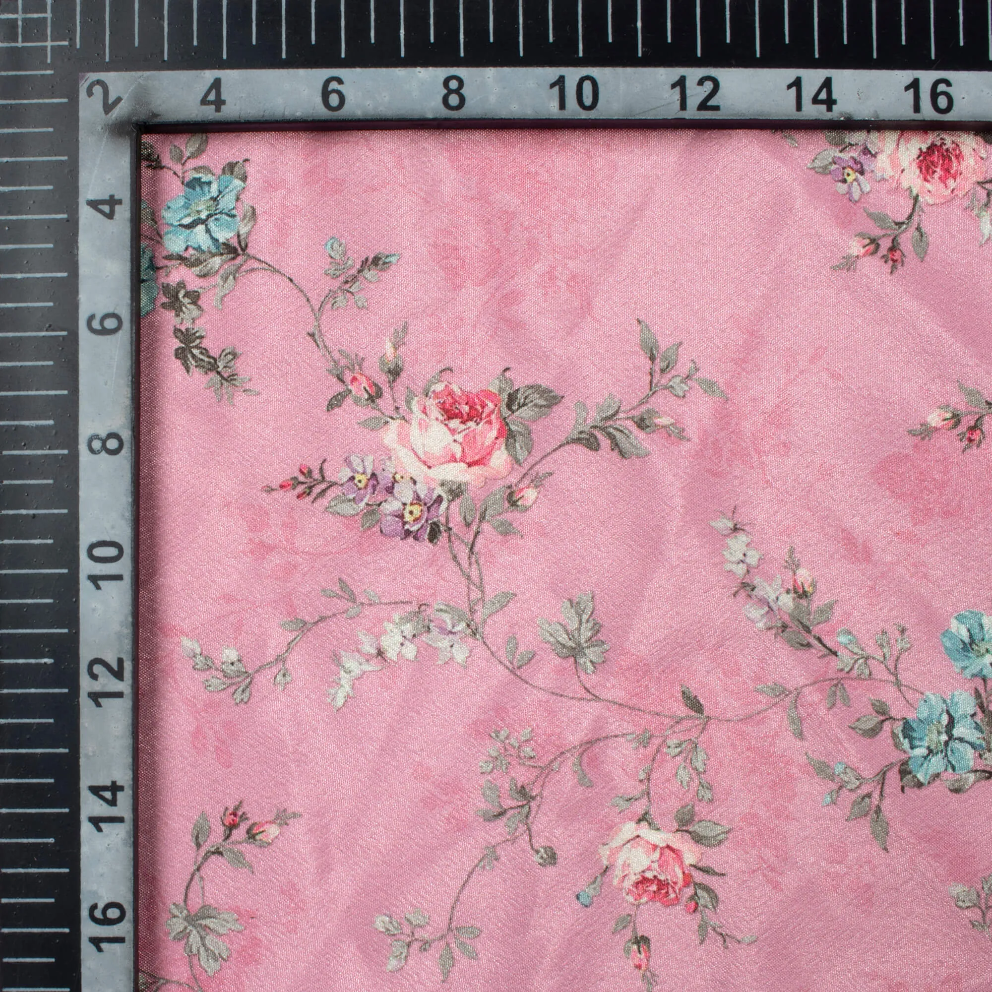 Amaranth Pink And Blue Floral Pattern Digital Print Crepe Silk Fabric
