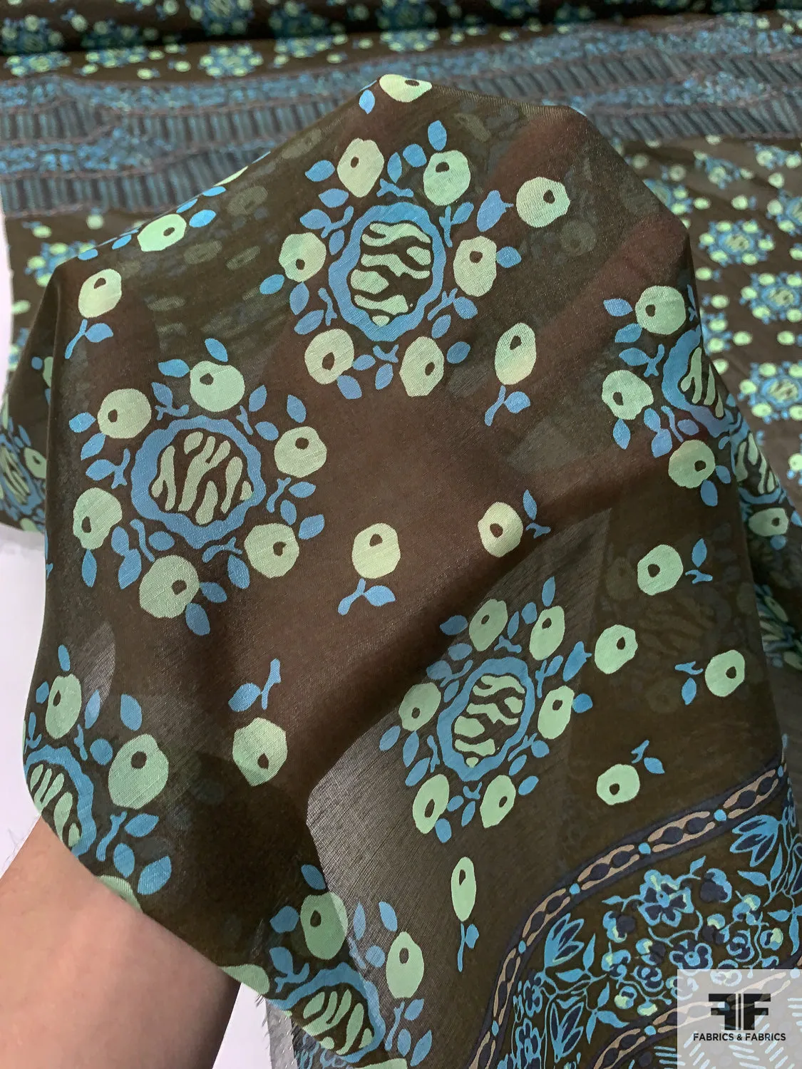 Anna Sui Floral-Inspired Printed Cotton-Silk Voile Panel - Army Green / Light Blue / Navy Blue / Mint