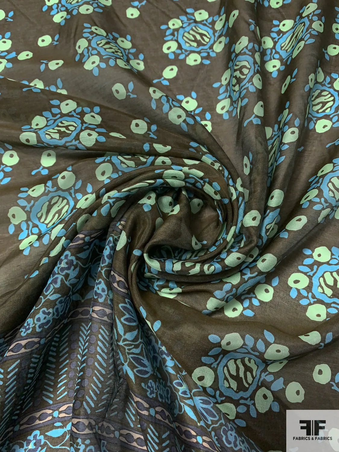 Anna Sui Floral-Inspired Printed Cotton-Silk Voile Panel - Army Green / Light Blue / Navy Blue / Mint