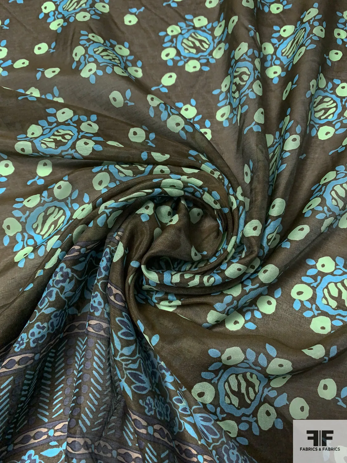 Anna Sui Floral-Inspired Printed Cotton-Silk Voile Panel - Army Green / Light Blue / Navy Blue / Mint