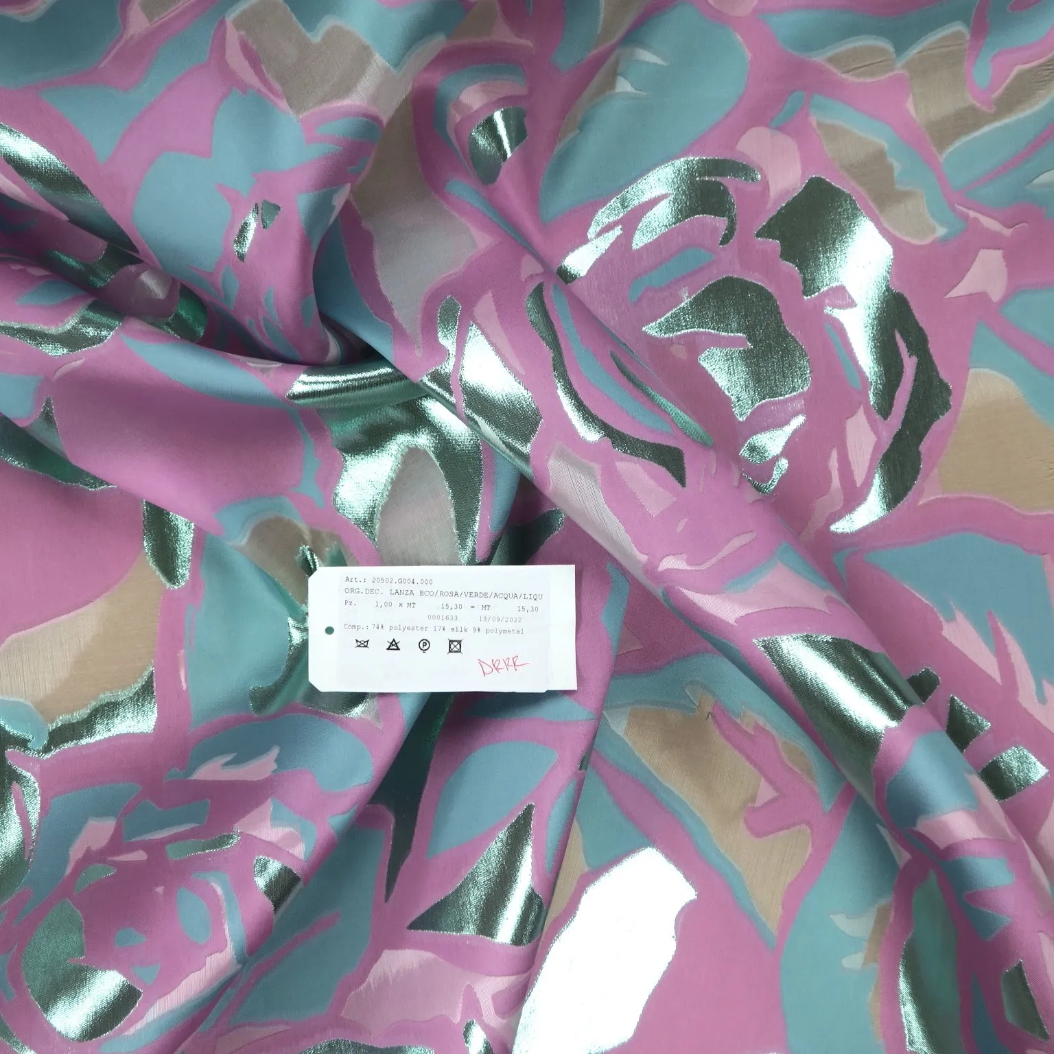 Aqua and Fuchsia Abstract Floral with Lurex Printed Silk Organza Fabric