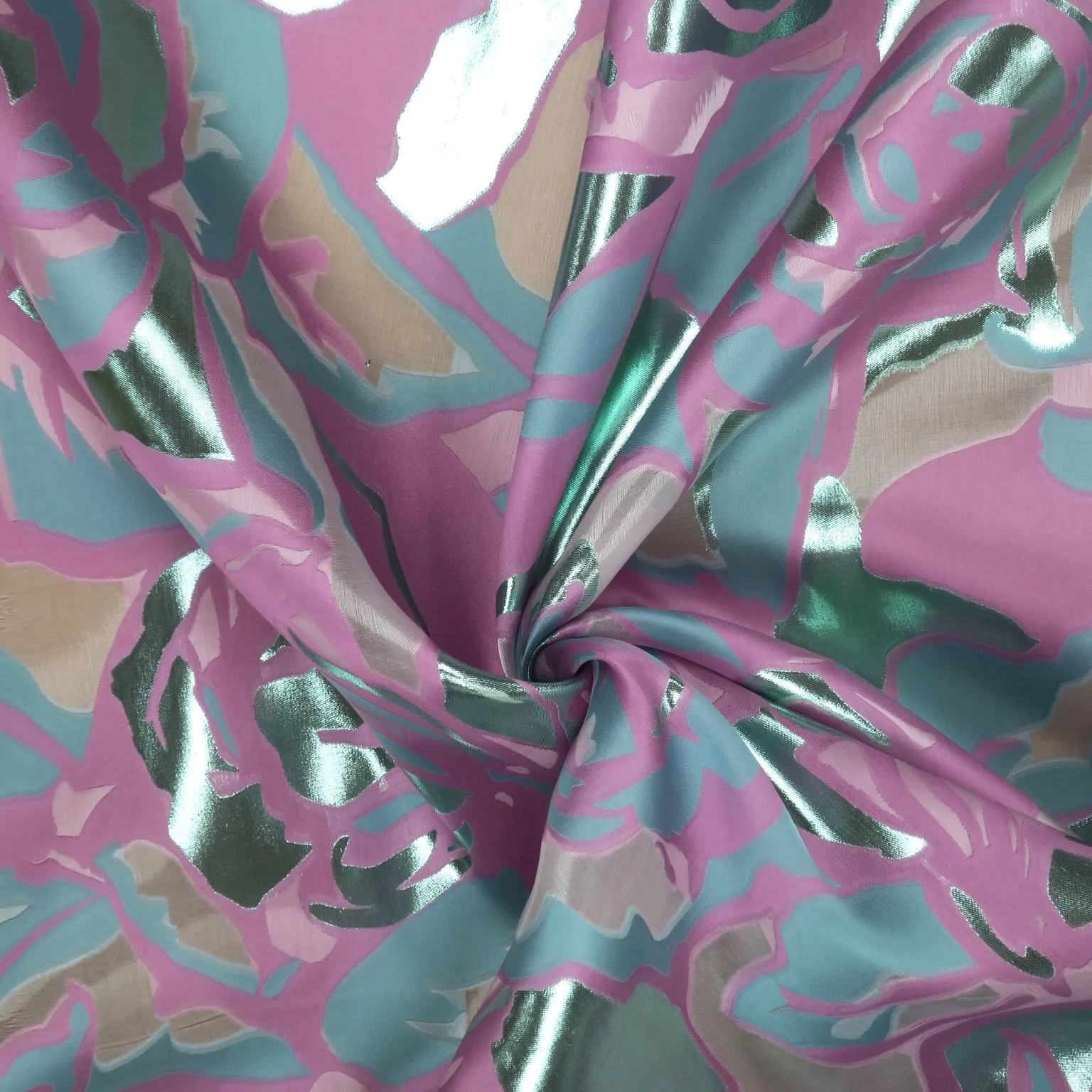 Aqua and Fuchsia Abstract Floral with Lurex Printed Silk Organza Fabric