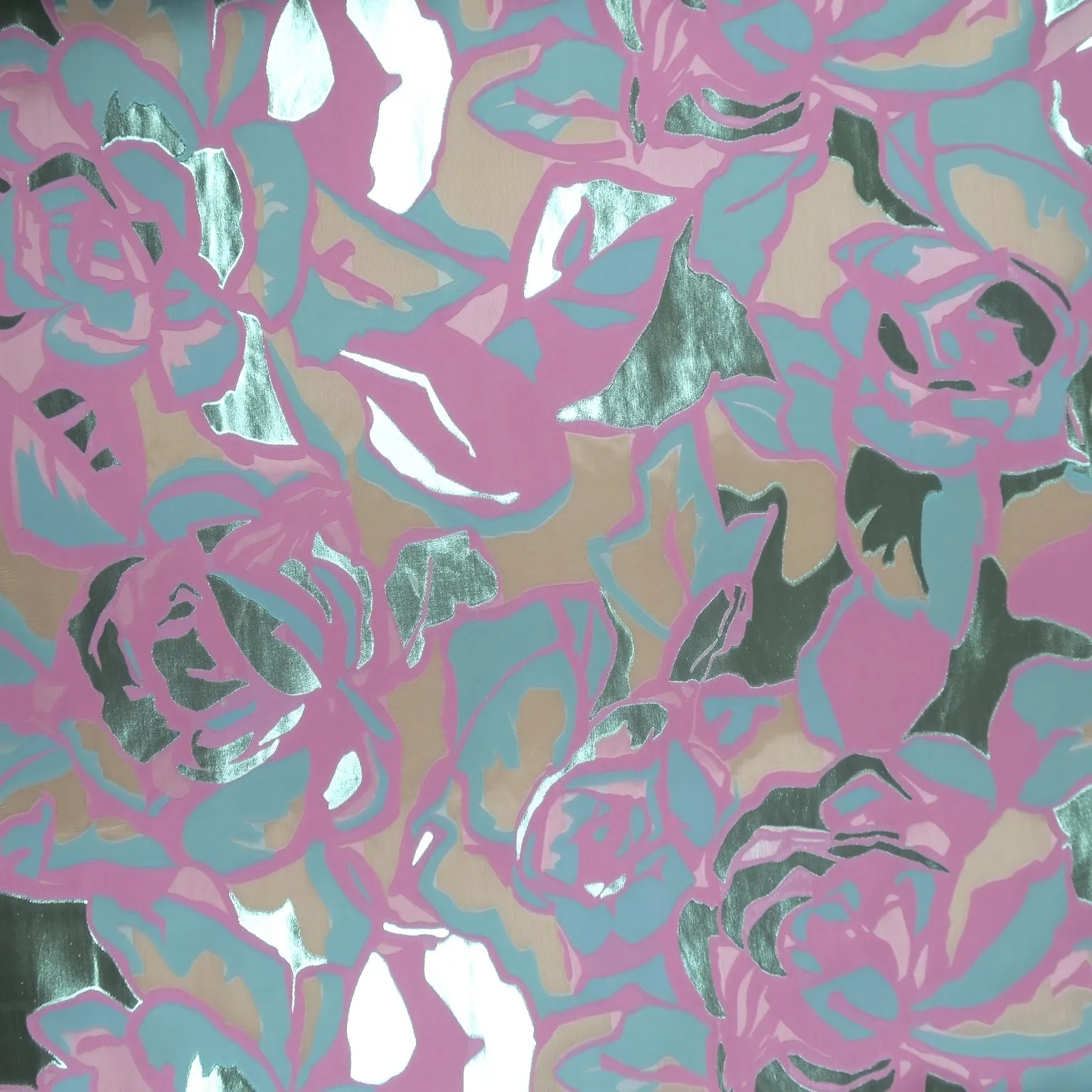 Aqua and Fuchsia Abstract Floral with Lurex Printed Silk Organza Fabric