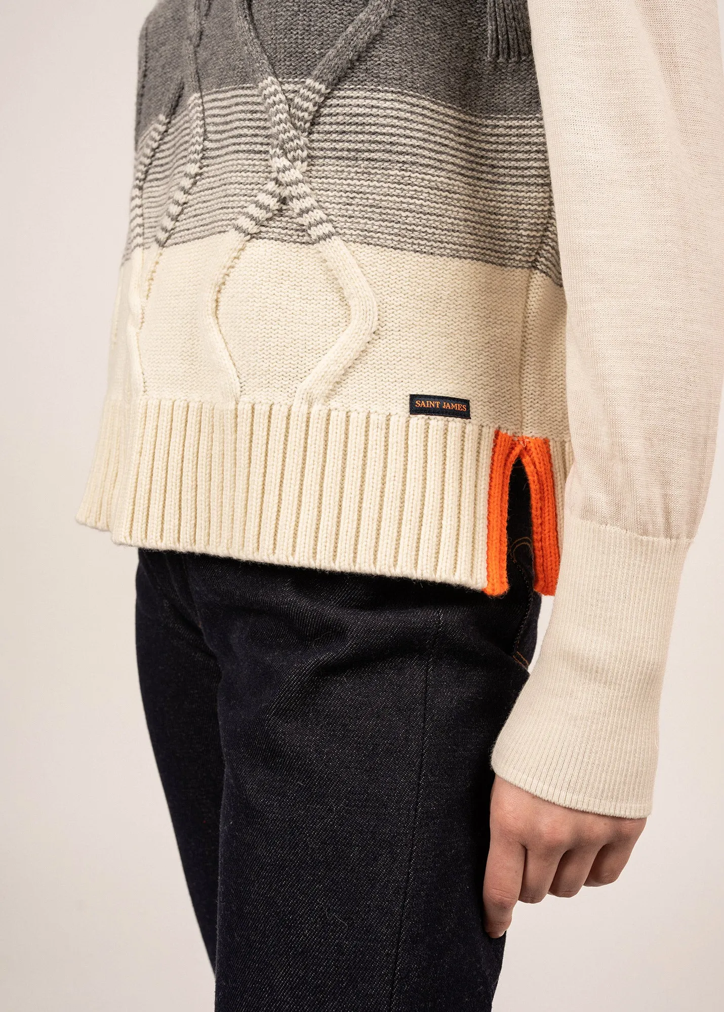ARUDY - Sleevless Structured Knit Sweater | 100% Wool (IVORY / GREY / NEON ORANGE)