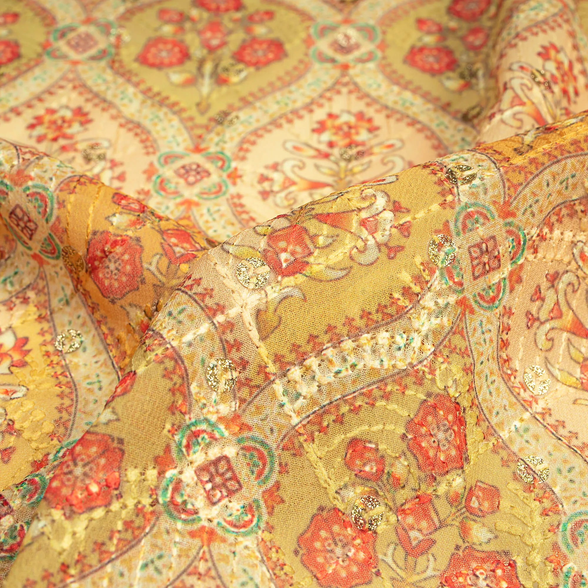Attractive Floral Zari Sequins Embroidery Digital Print Georgette Fabric