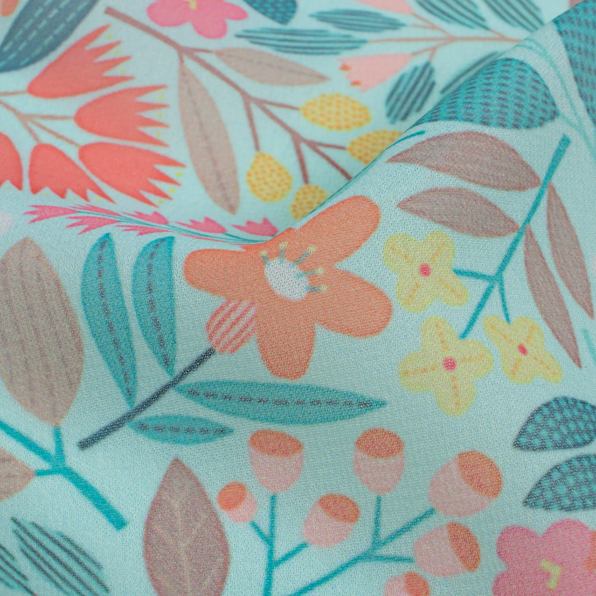 Baby Blue And Indian Red Floral Pattern Digital Print Georgette Fabric