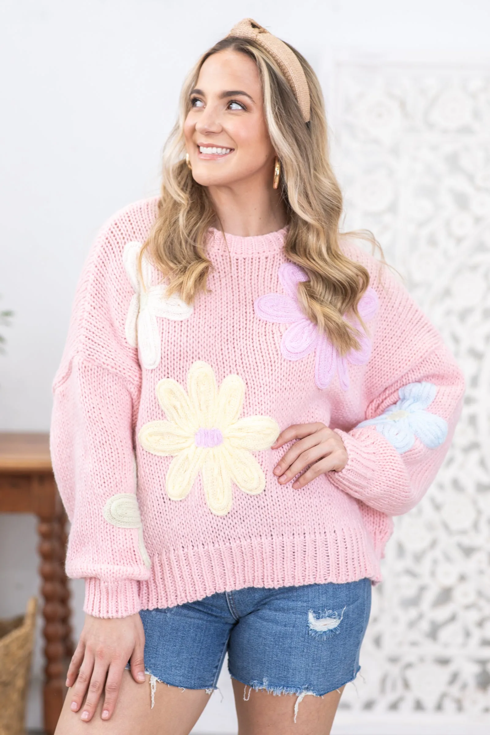 Baby Pink Floral Applique Sweater