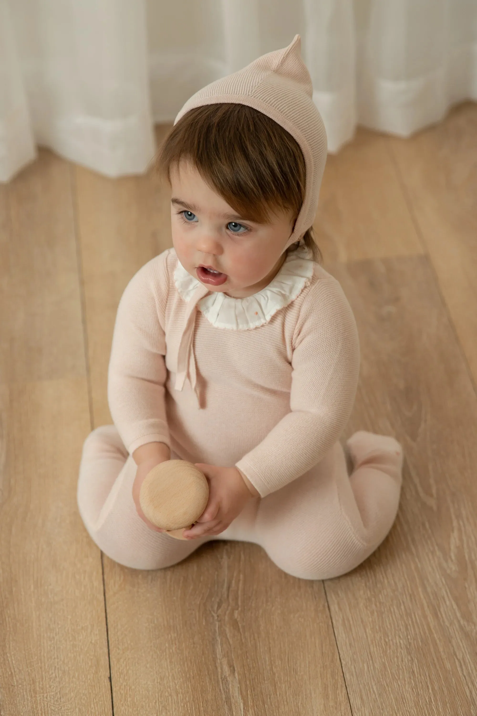 Bee & Dee Blush Pink Dot Accent Embroidered Knit Footie   Bonnet