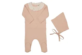 Bee & Dee Blush Pink Dot Accent Embroidered Knit Footie   Bonnet
