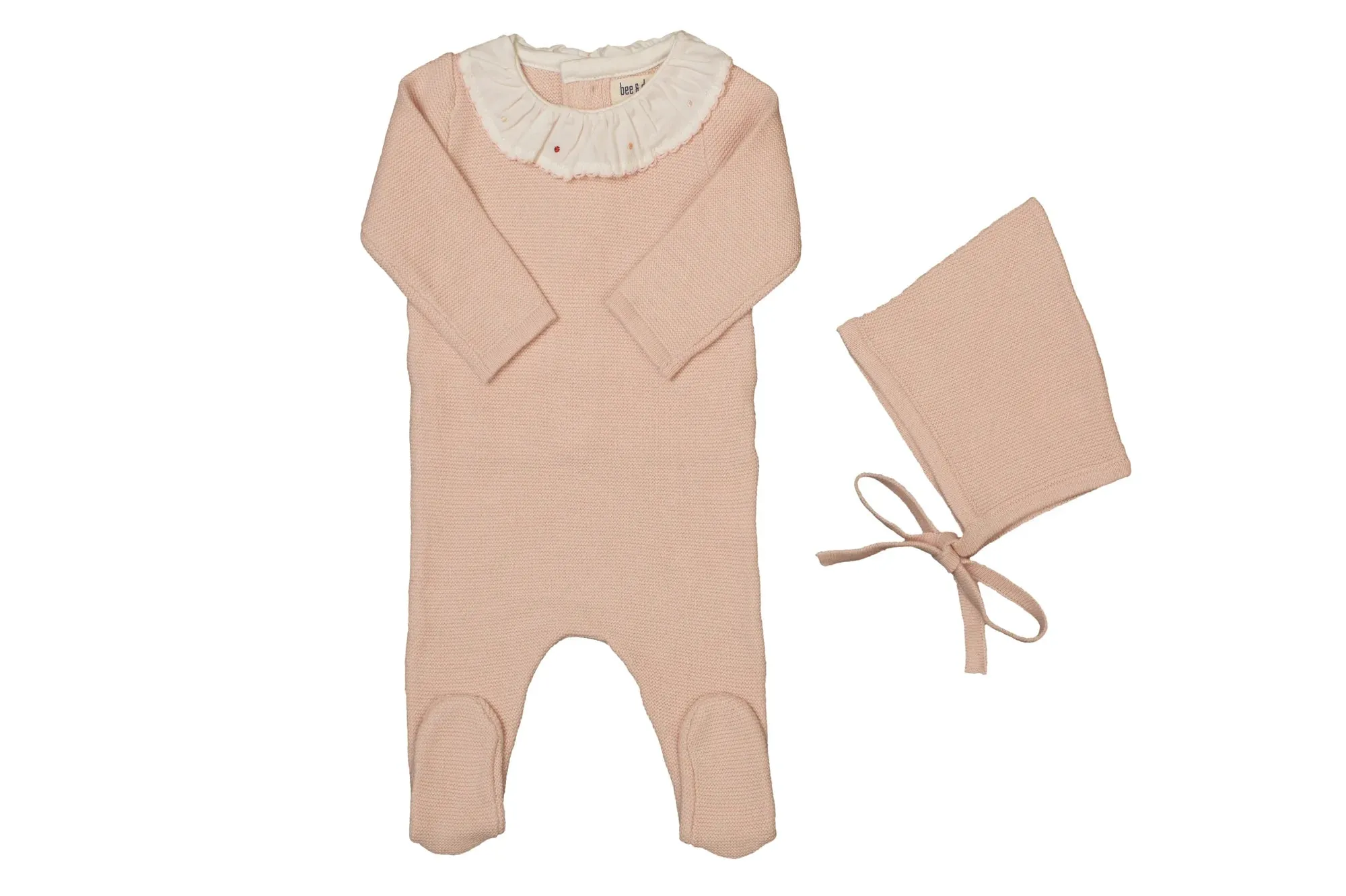 Bee & Dee Blush Pink Dot Accent Embroidered Knit Footie   Bonnet