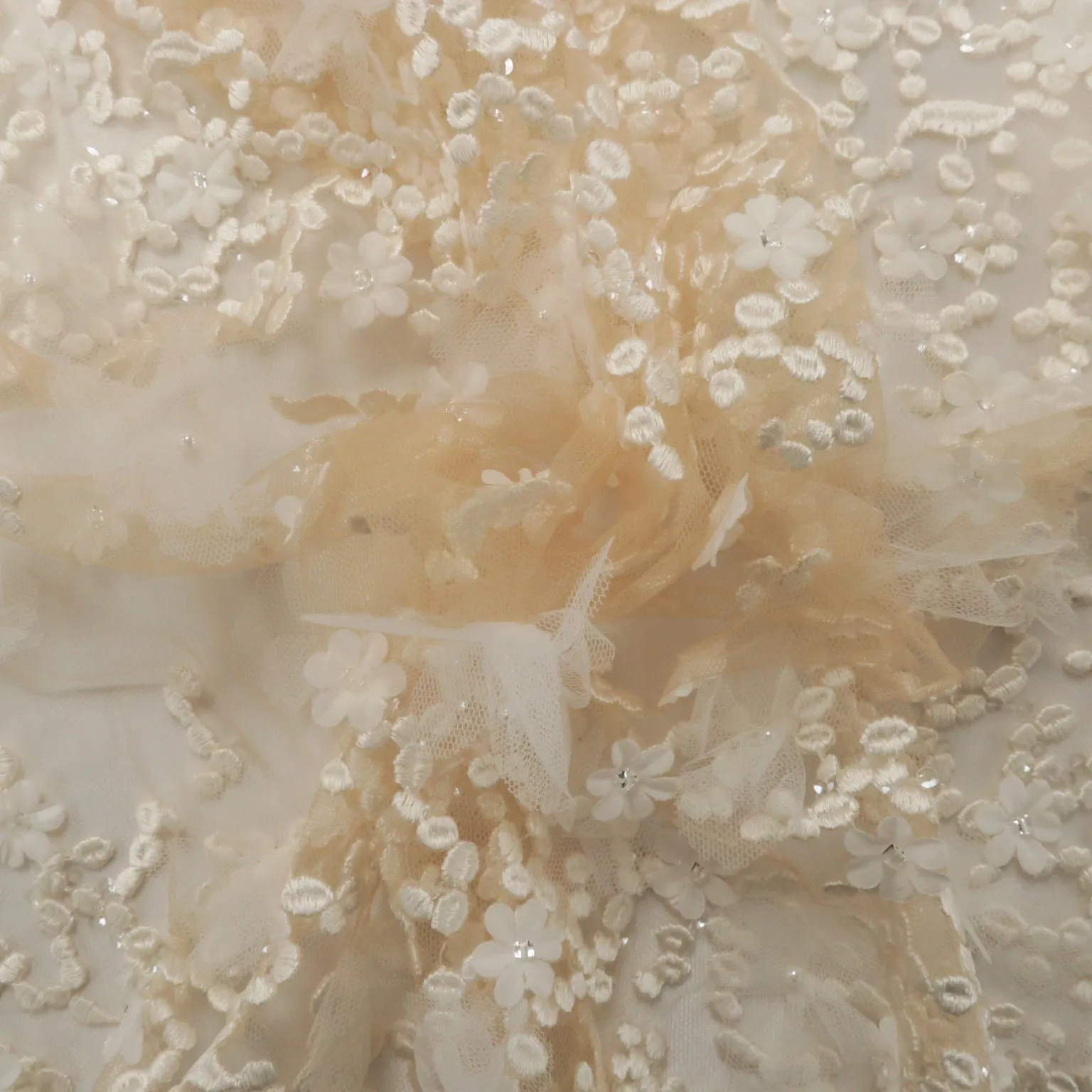 Beige Embroidered Sequin Tulle Floral Lace