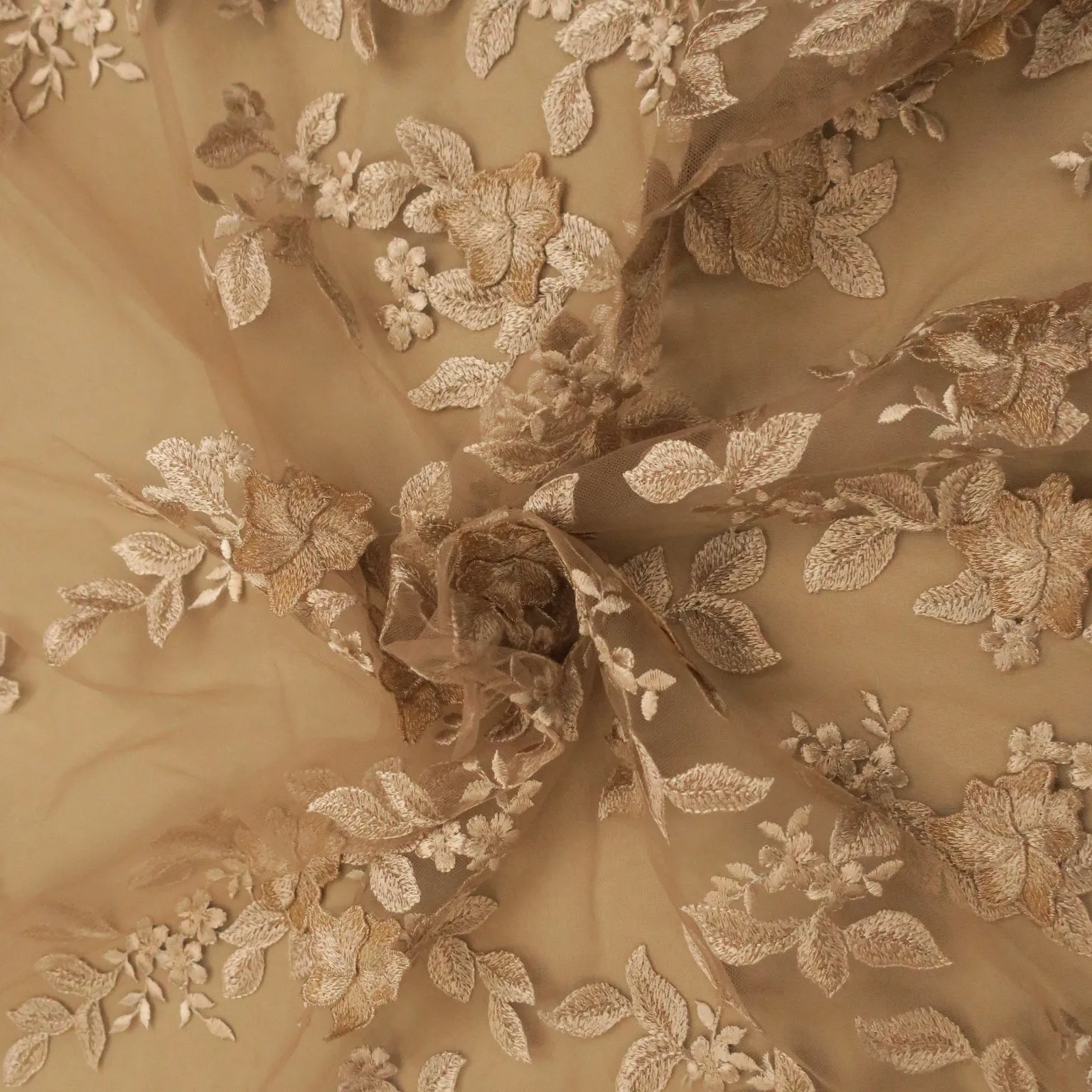 Beige Nude Floral 3D High Relief Embroidery Tulle Fabric