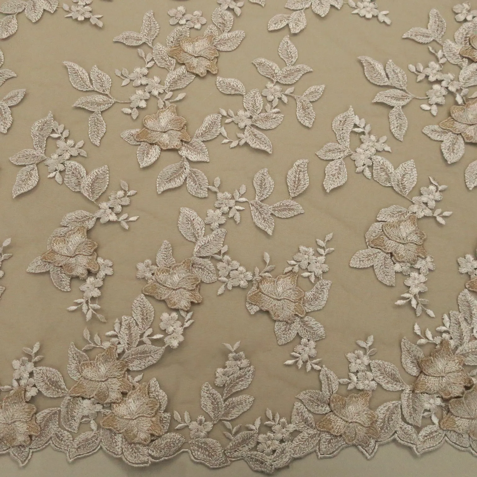 Beige Nude Floral 3D High Relief Embroidery Tulle Fabric
